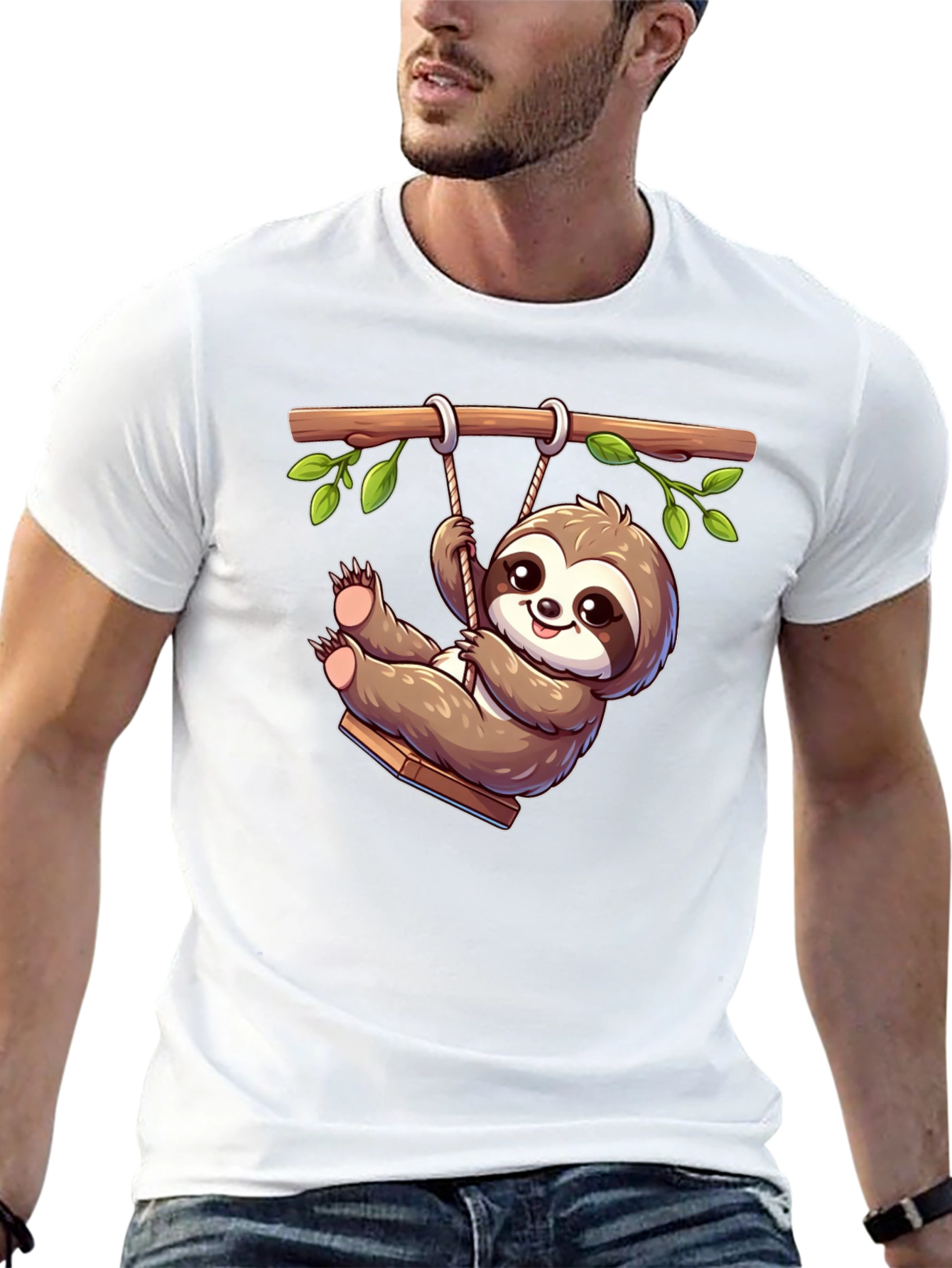 Cute Sloth on Swing Graphic T-Shirt - Black