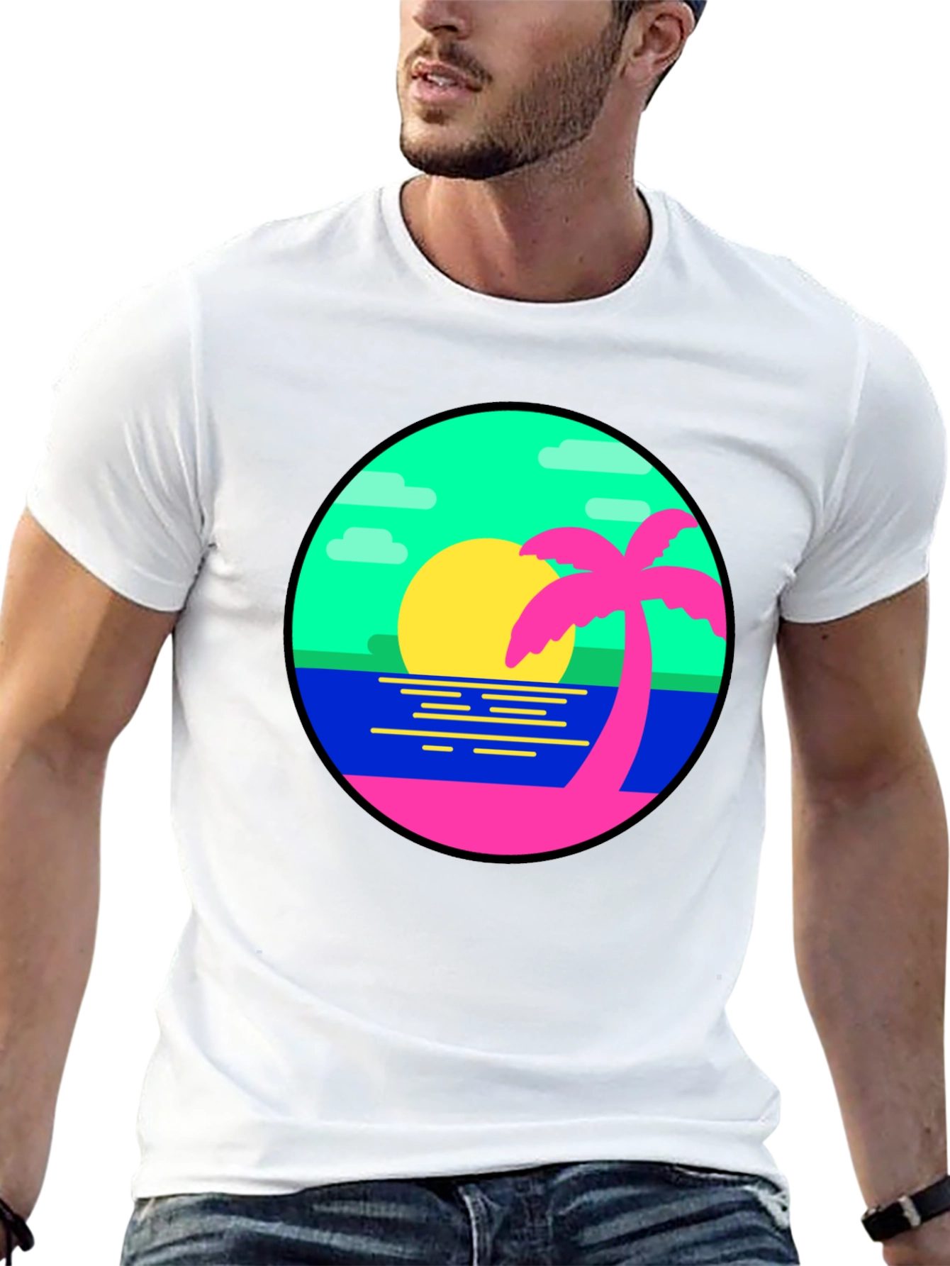 Retro Sunset Palm Tree Graphic Tee - Black
