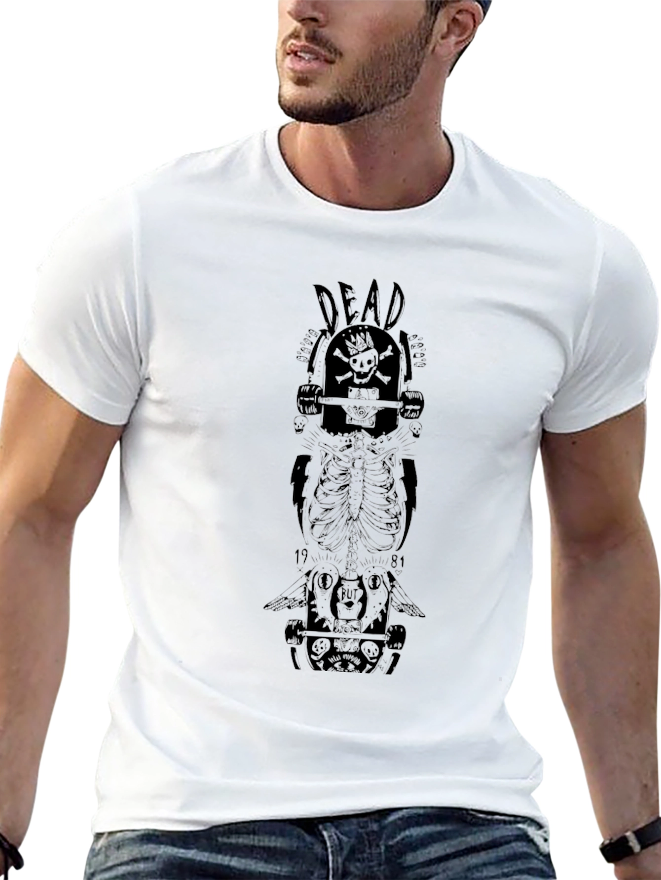 Skull Skateboard Graphic Tee - Black Cotton