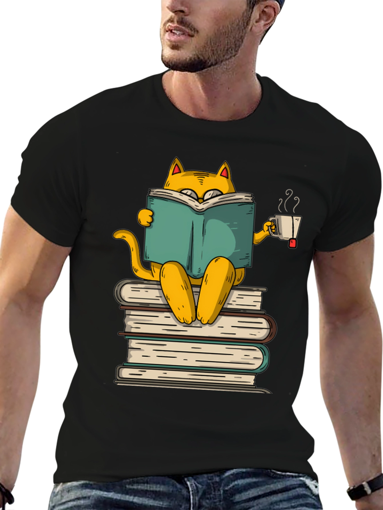 Bookish Cat T-Shirt: Reader Kitty with Tea