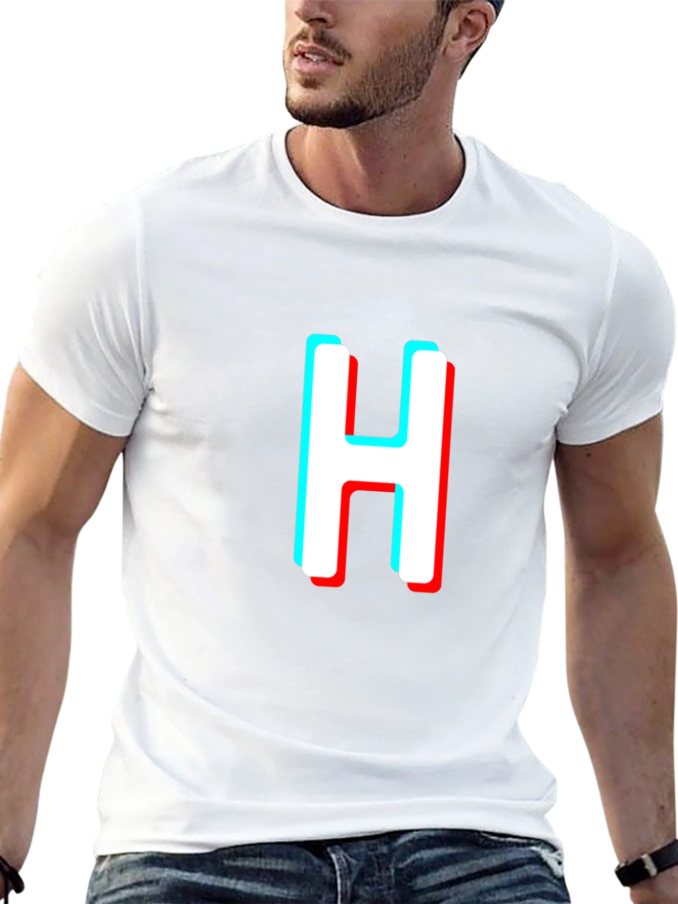 3D Effect H Letter Graphic Black T-Shirt
