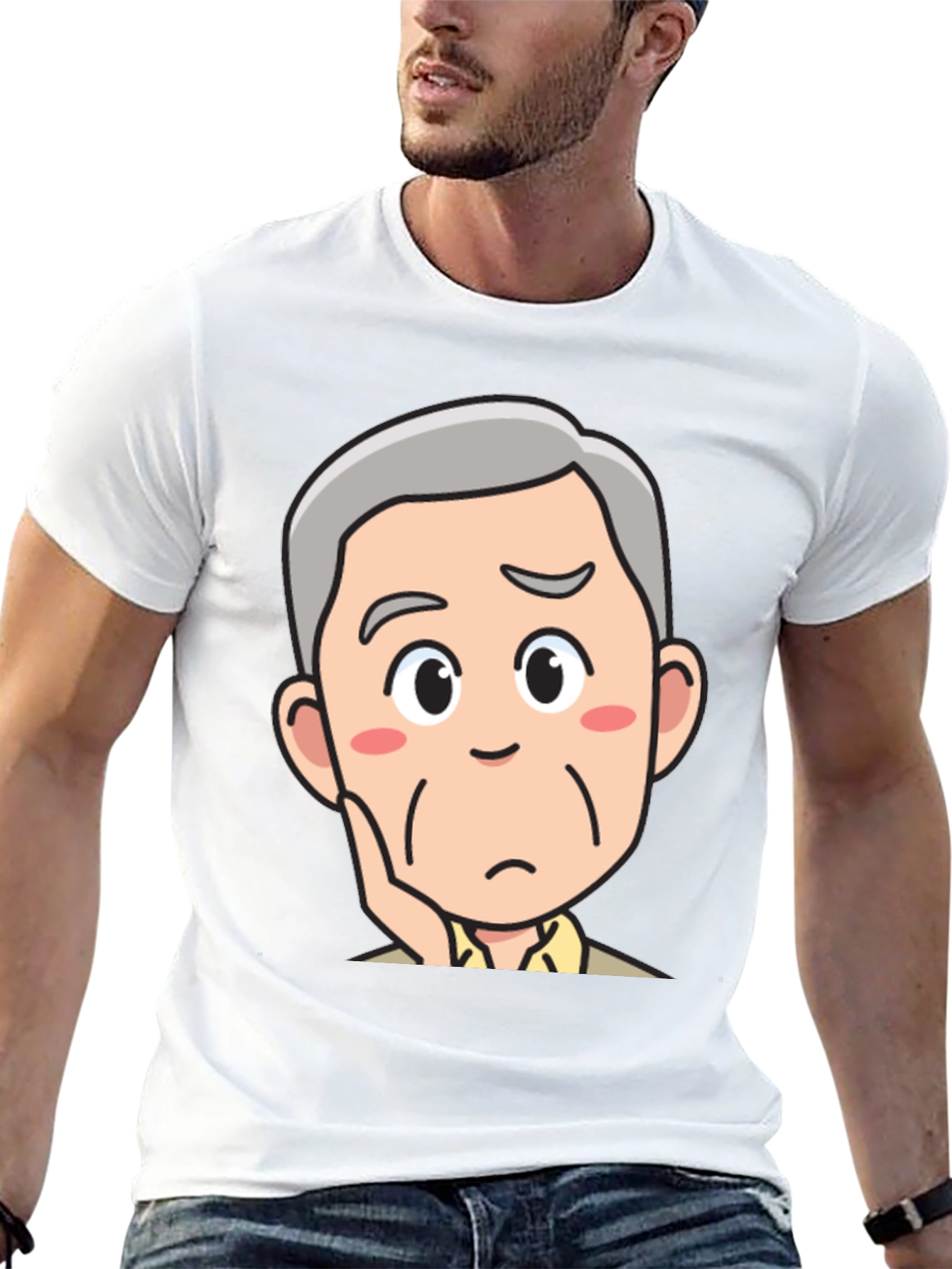 Pensive Cartoon Man Black T-Shirt
