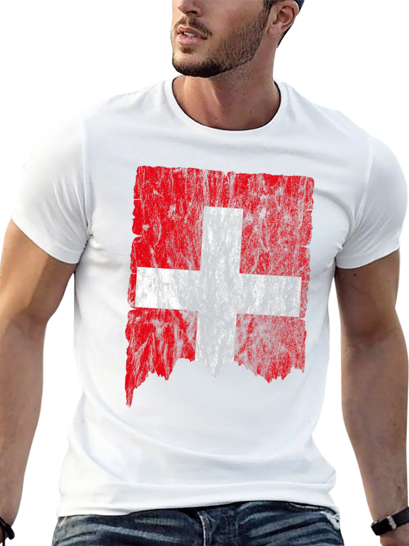 Swiss Flag Distressed T-Shirt - Black