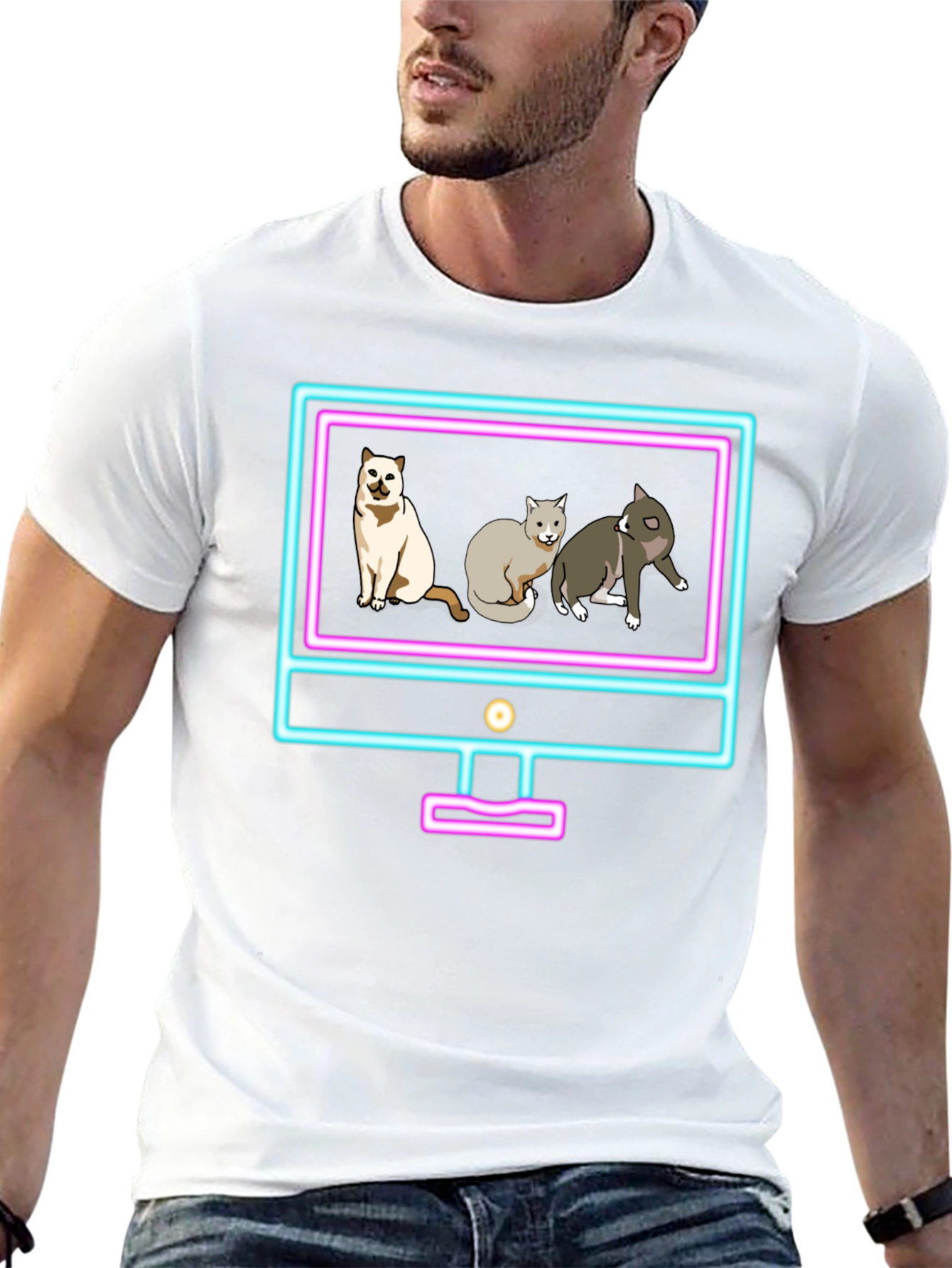 Cats on Neon TV Black T-Shirt