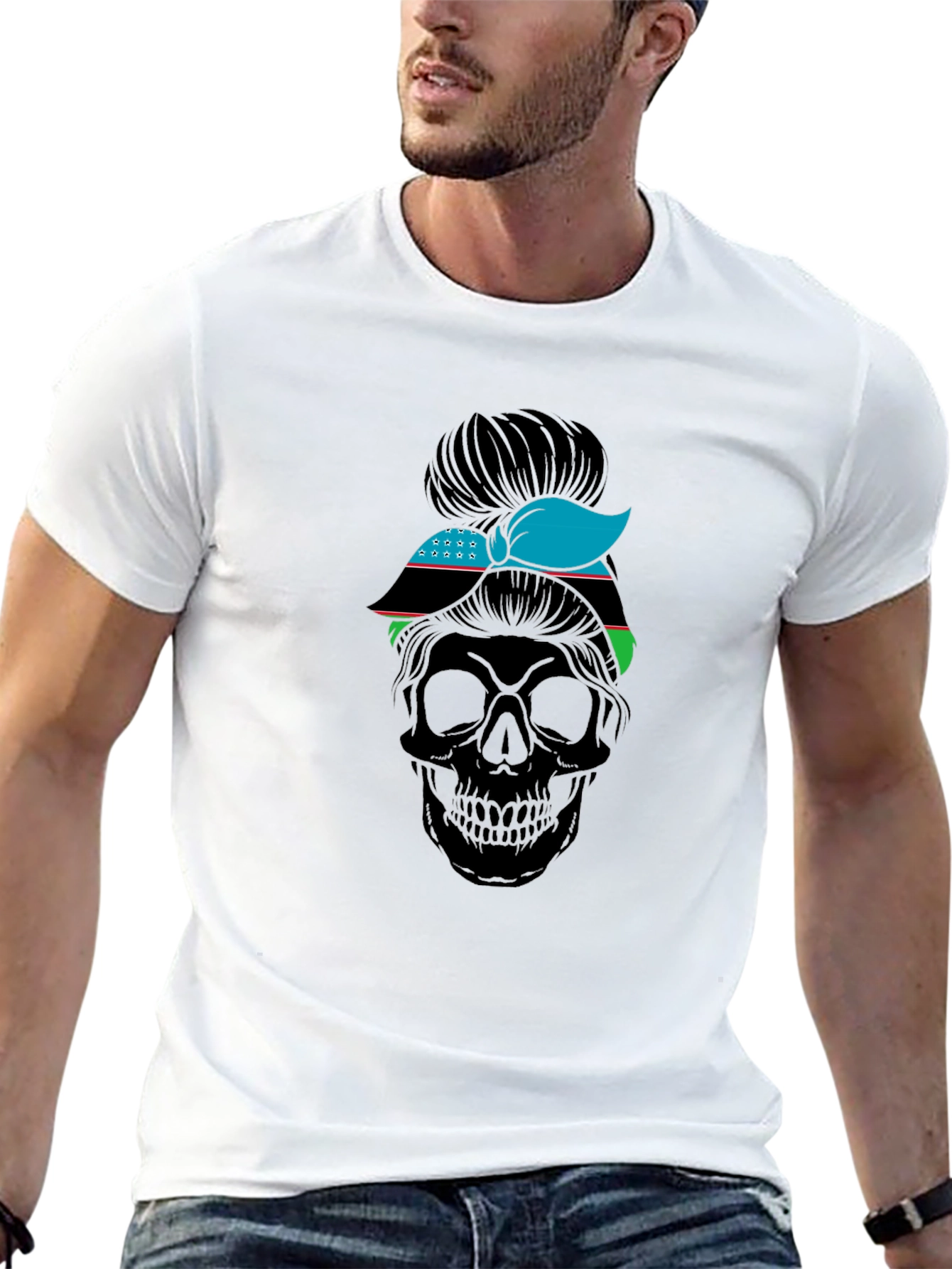 Skull Messy Bun Uzbekistan Flag T-Shirt