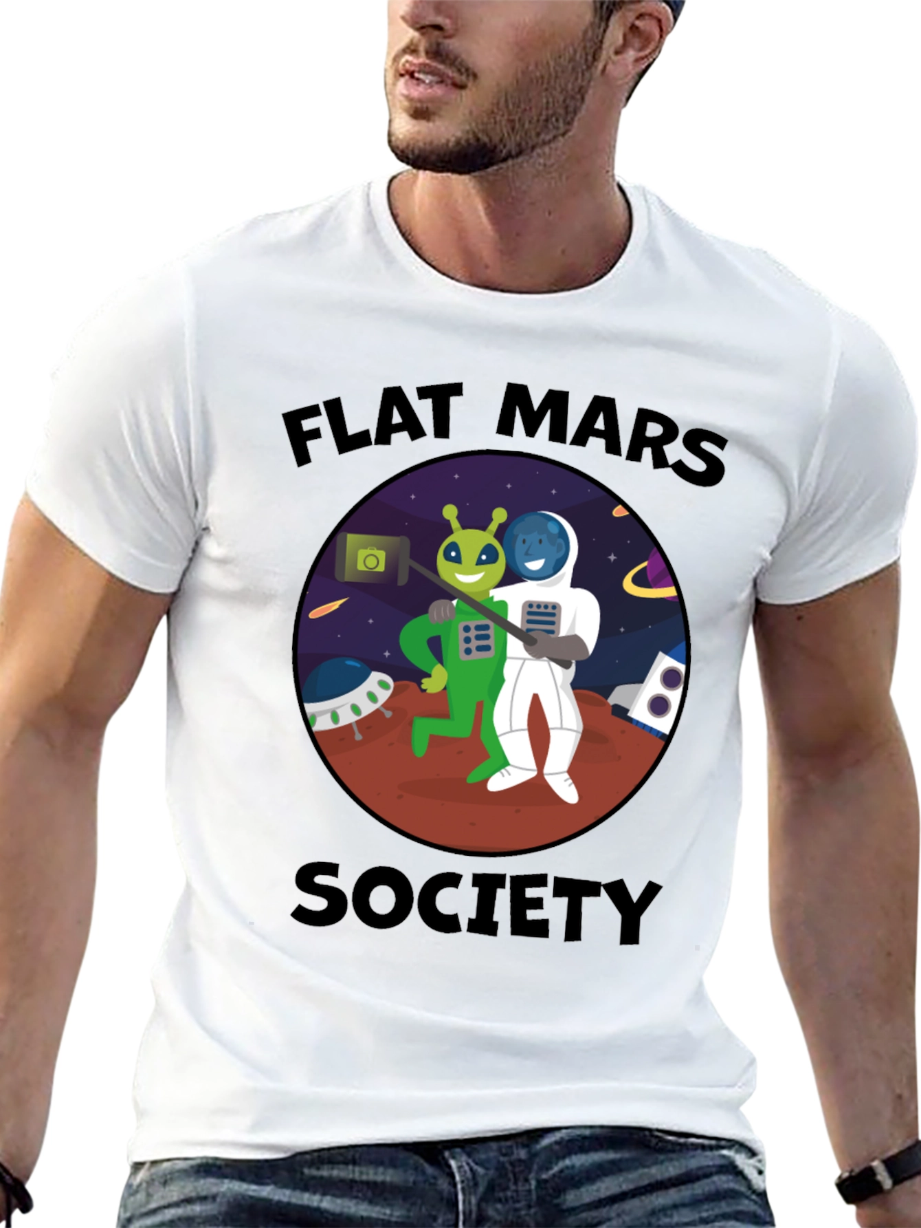 Flat Mars Society T-Shirt - Alien & Astronaut Selfie