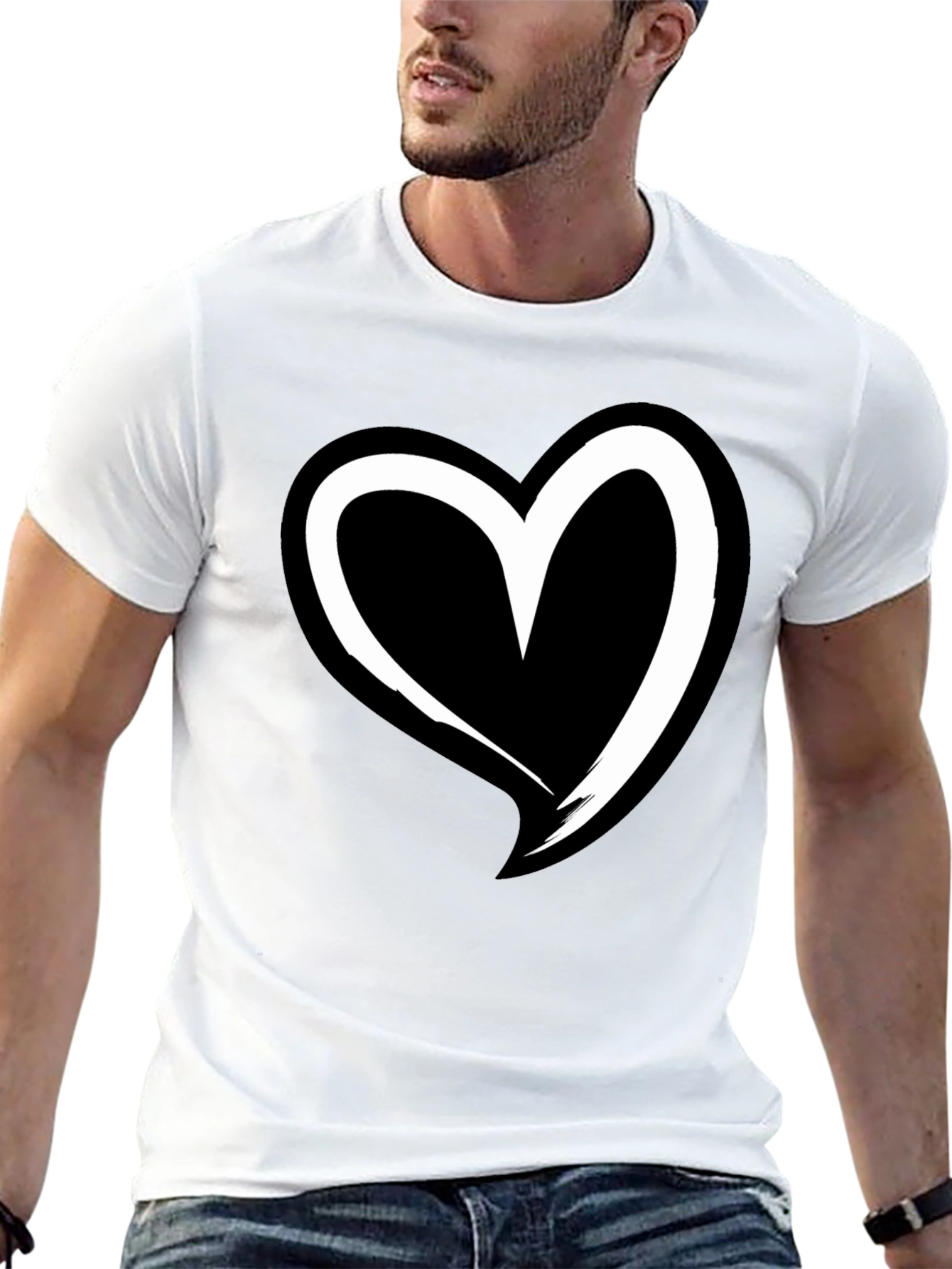 Black T-Shirt with White Heart Graphic