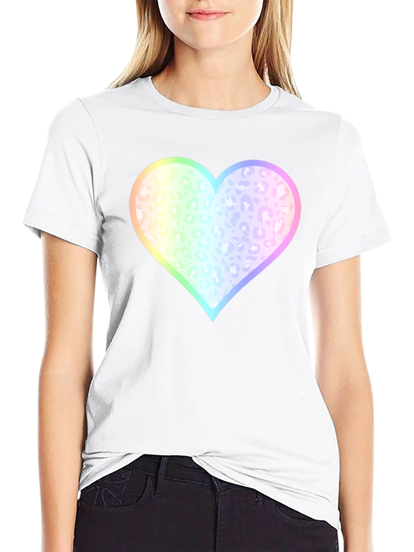 Rainbow Leopard Print Heart T-Shirt - Black