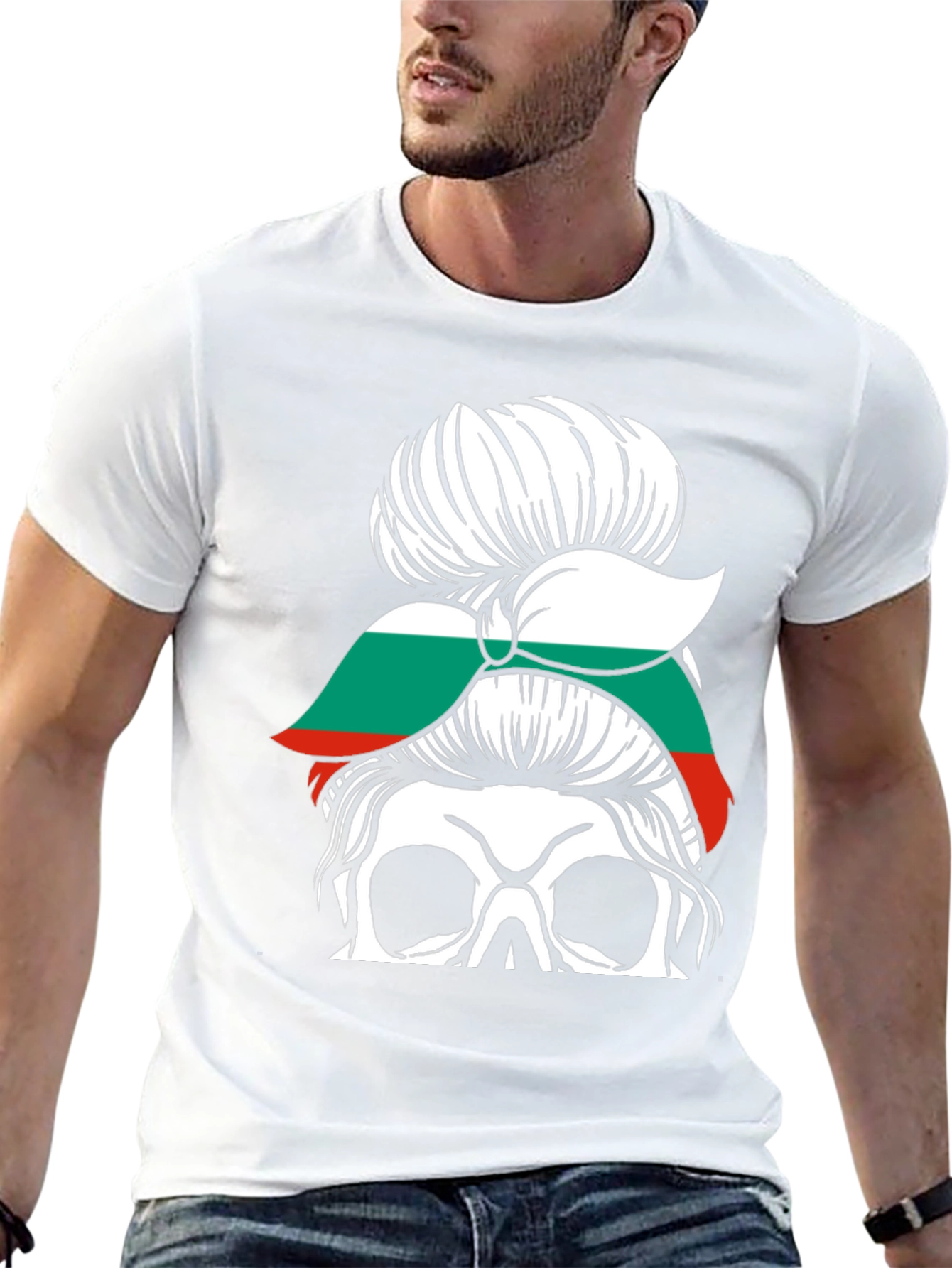 Bulgaria Flag Messy Bun Skull T-Shirt