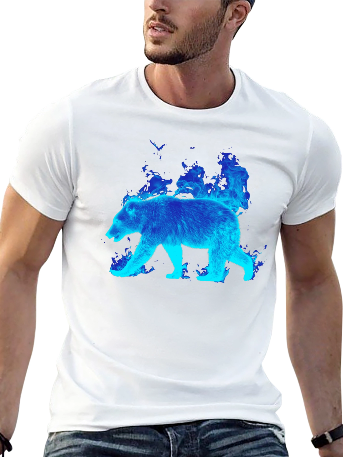 Flaming Blue Bear Graphic Tee - Black Cotton T-Shirt
