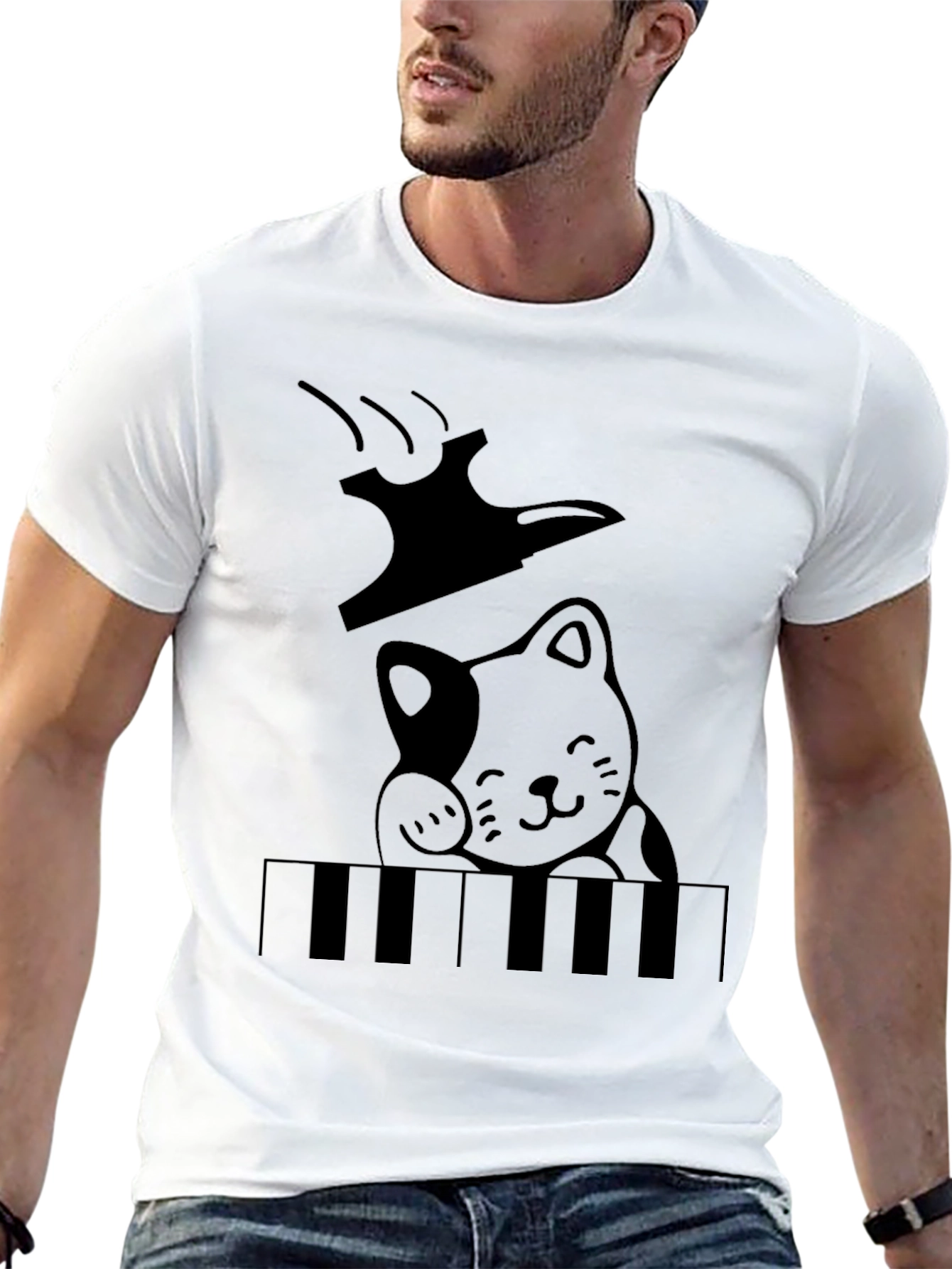 Cat Playing Piano Graphic T-Shirt - Black