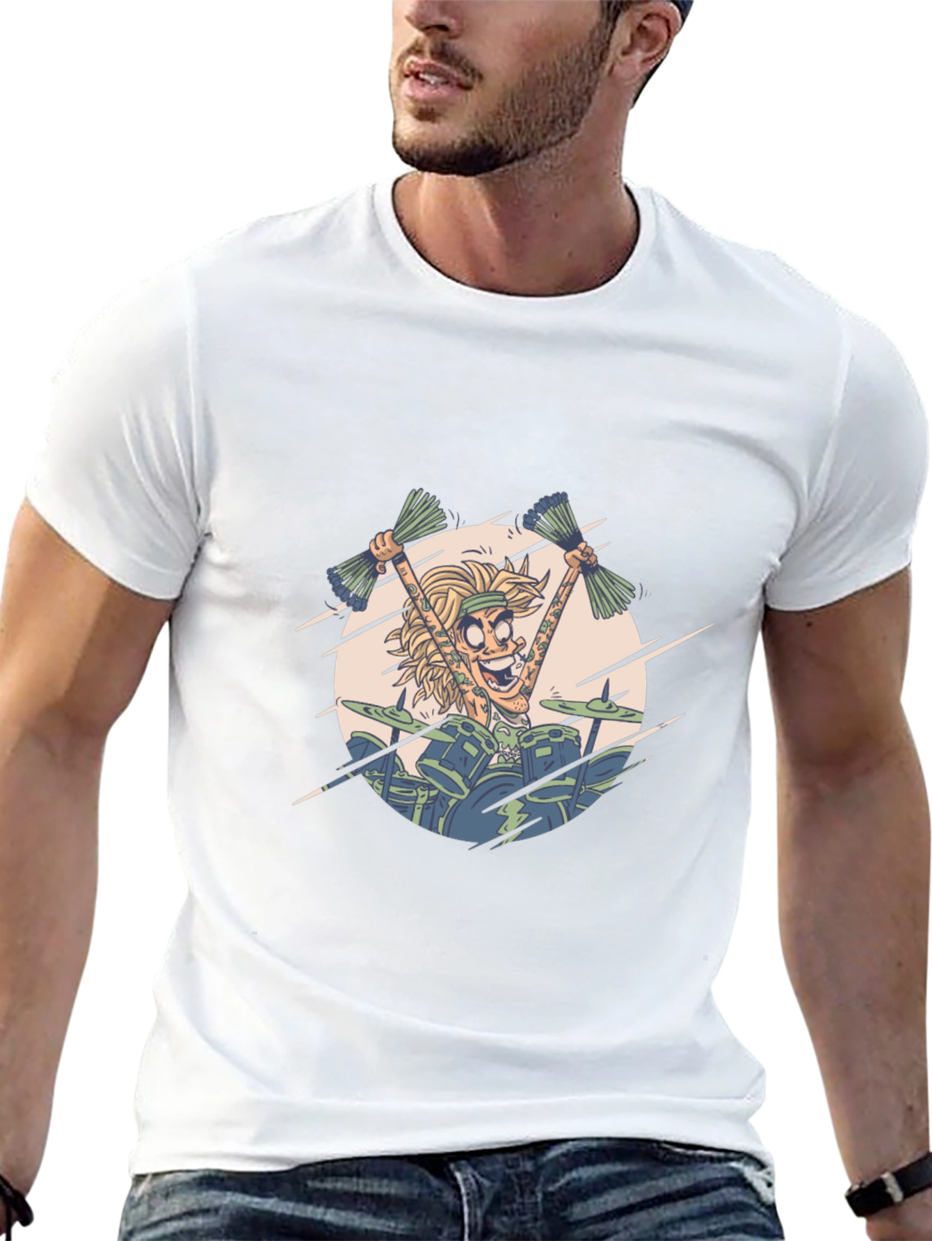 Drummer Cartoon Graphic Black T-Shirt