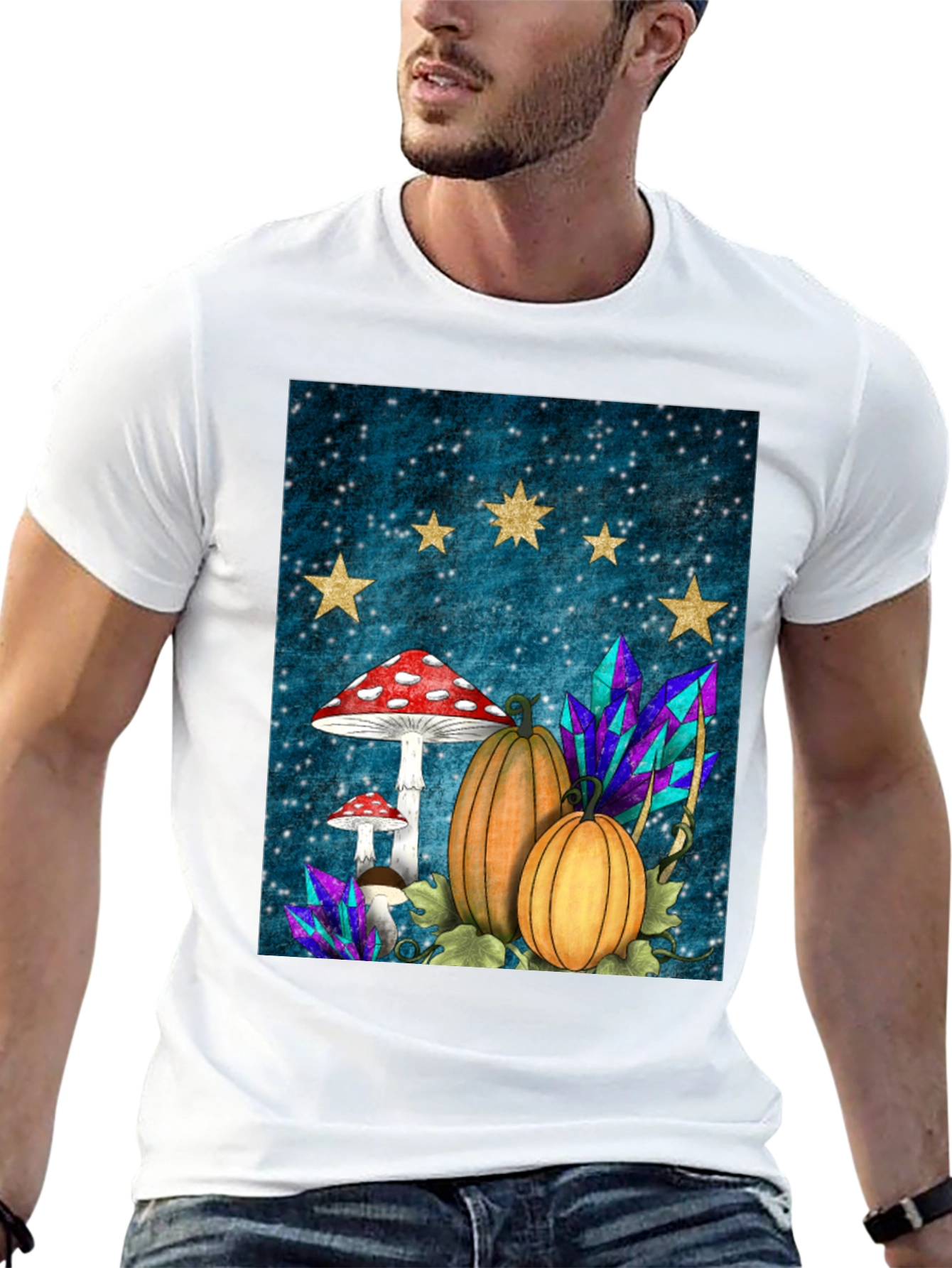 Whimsical Fall T-Shirt - Mushrooms Pumpkins & Stars