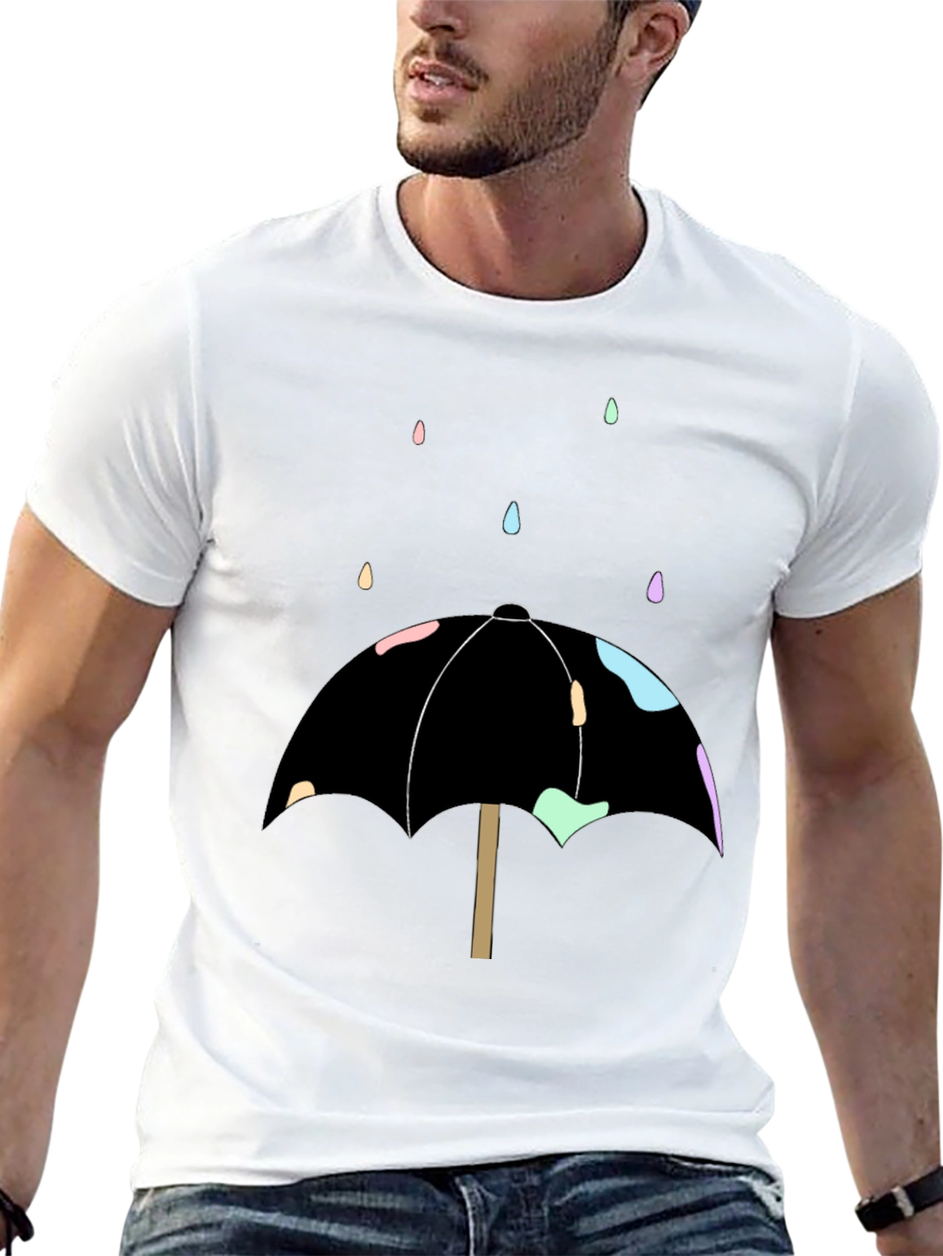 Umbrella Raindrop Graphic Tee - Black Cotton Casual Shirt