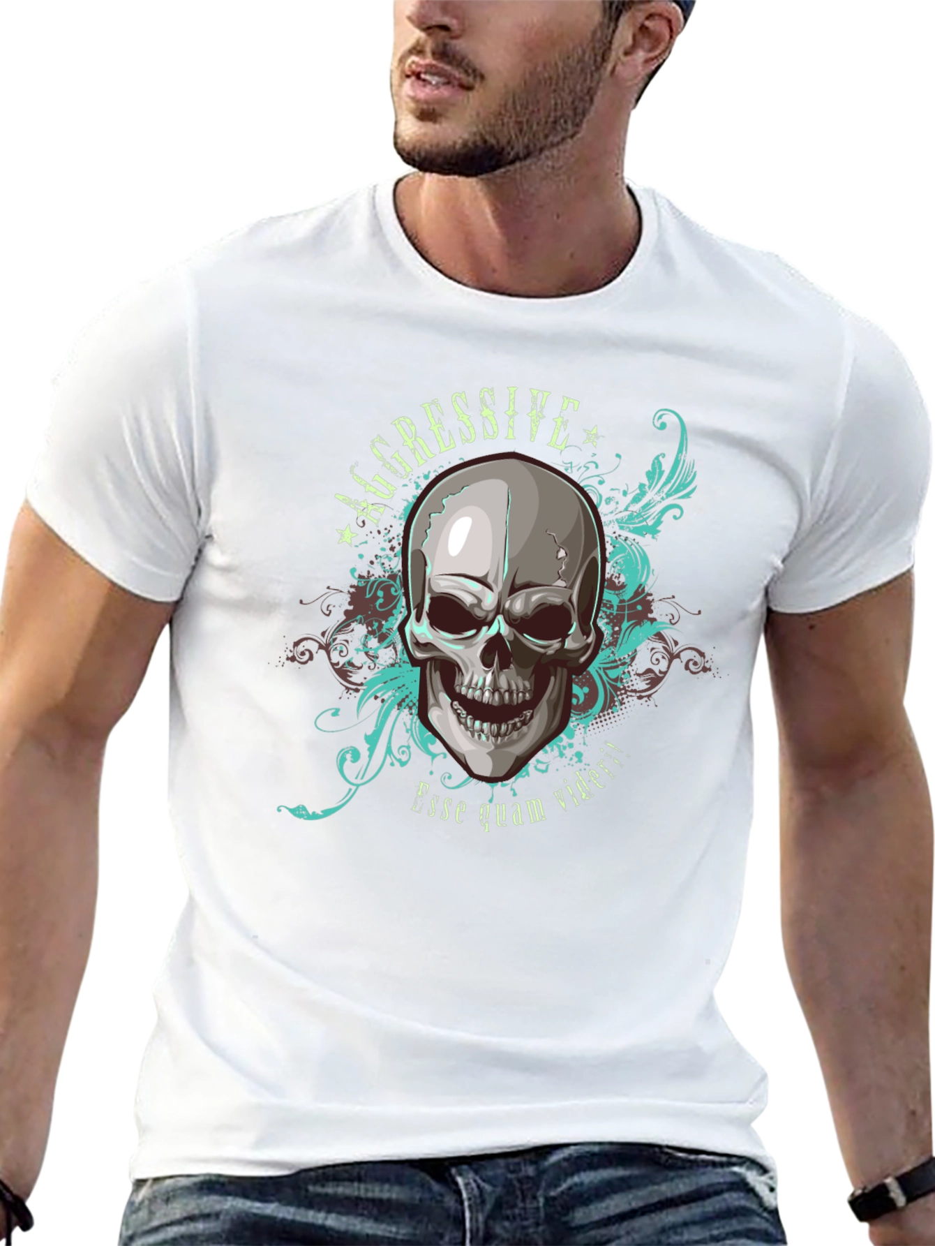 Aggressive Skull Graphic Print Black T-Shirt