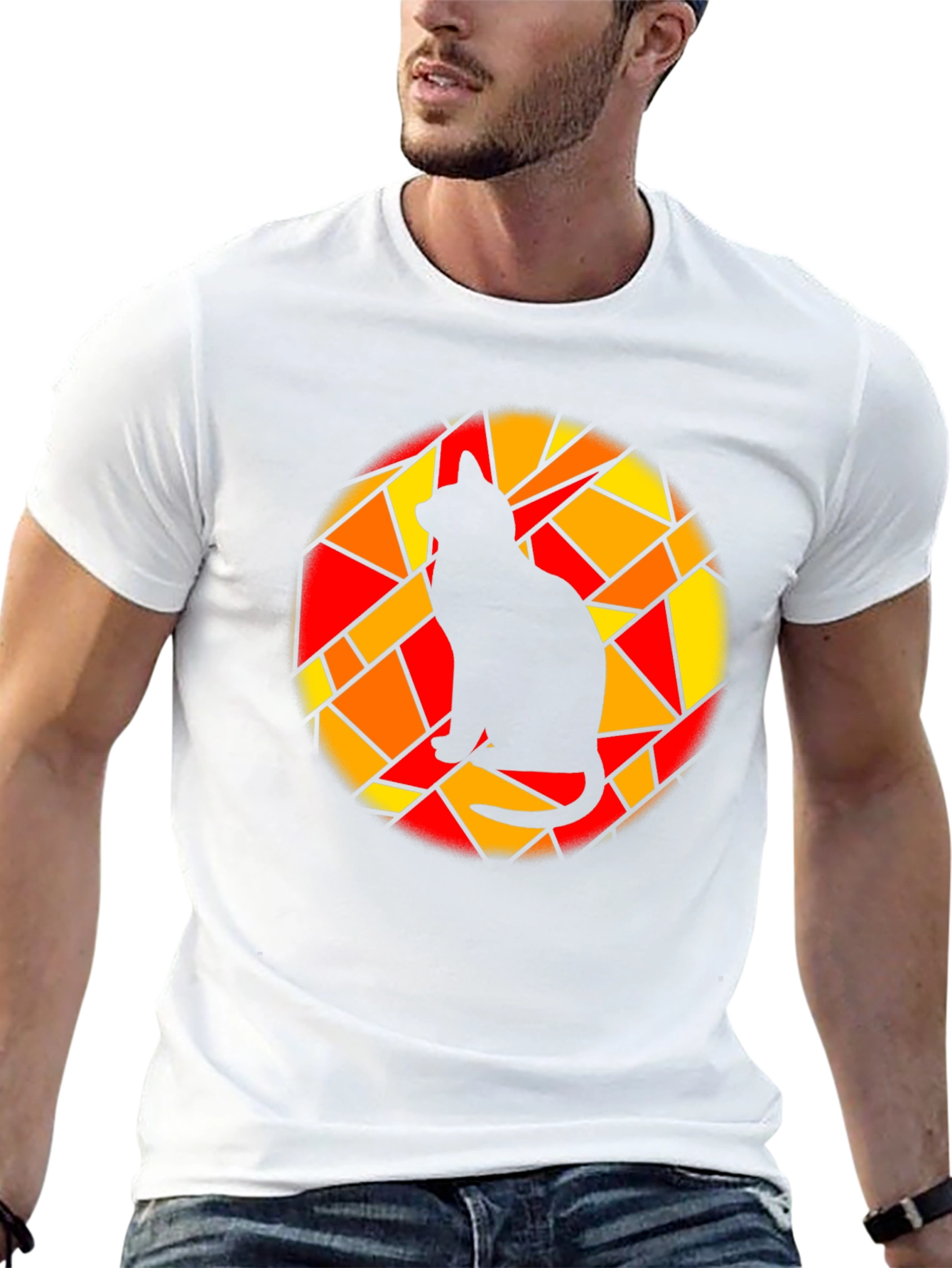 Stained Glass Cat Graphic Tee - Black Cotton T-Shirt