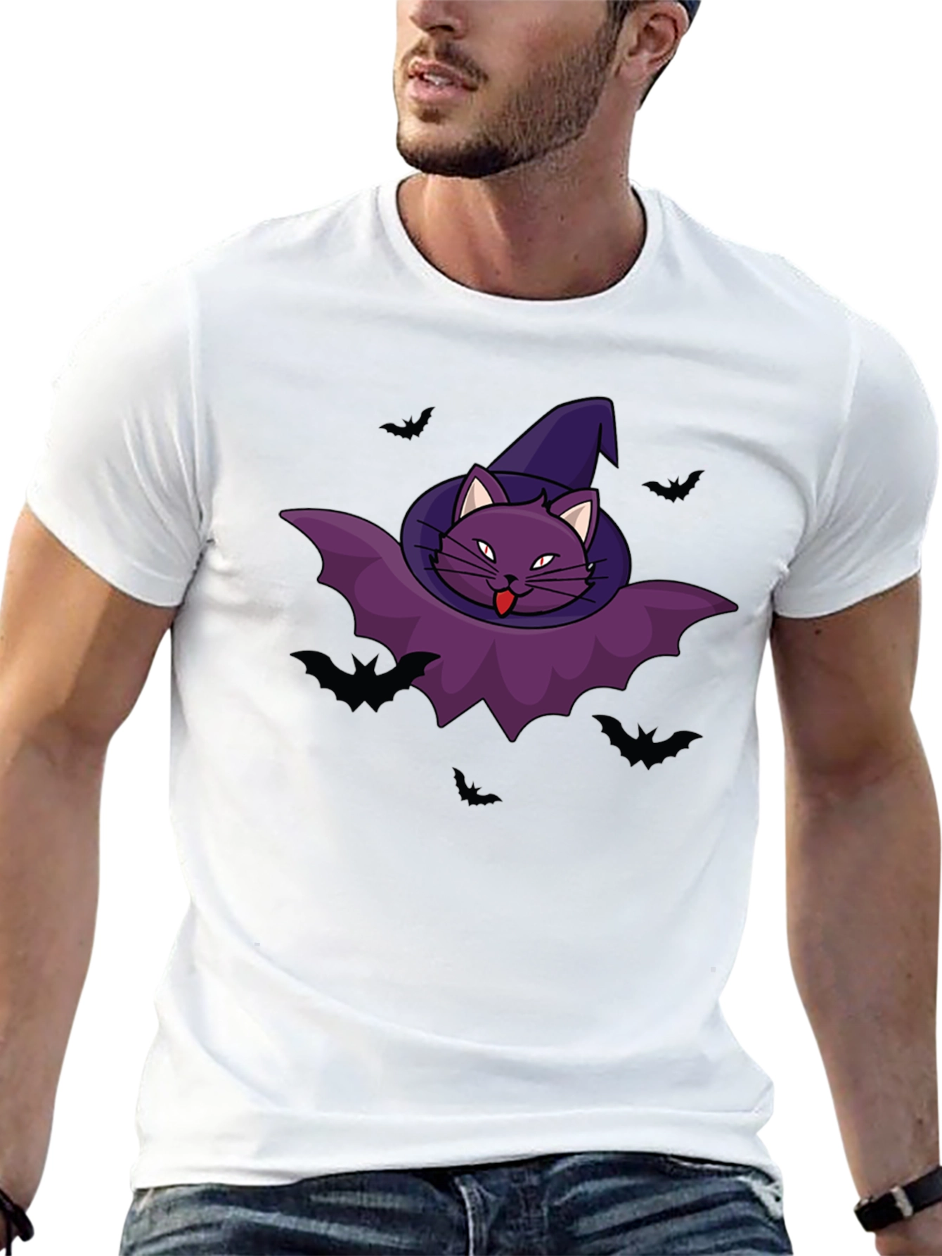 Halloween Cat Bat Graphic Tee