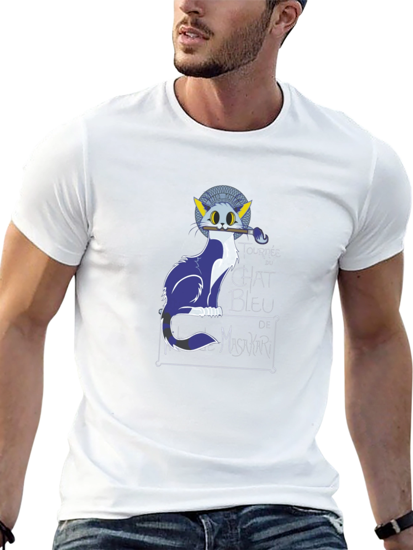 Chat Bleu Tee - Artistic Cat Graphic T-Shirt