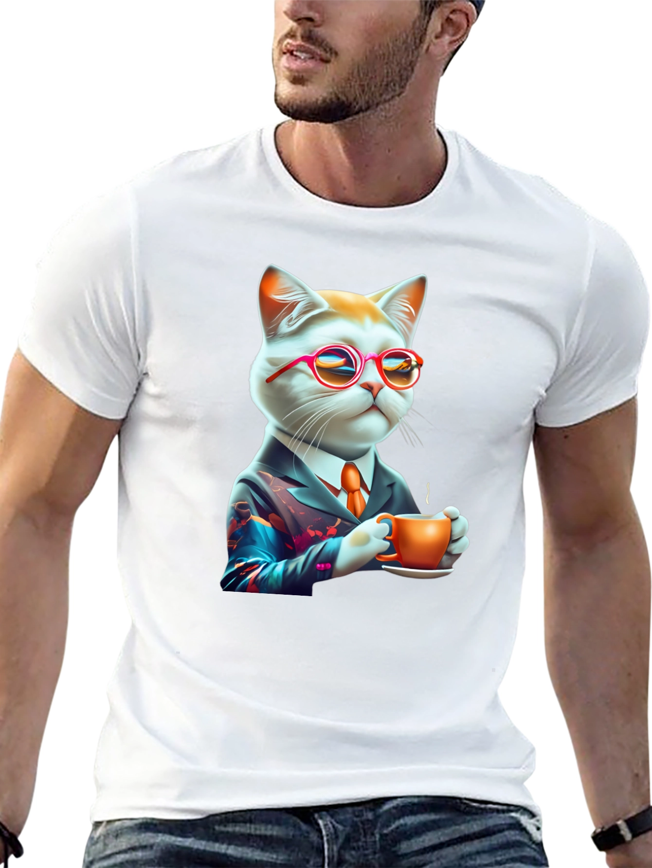 Cool Cat T-Shirt - Cat with Coffee