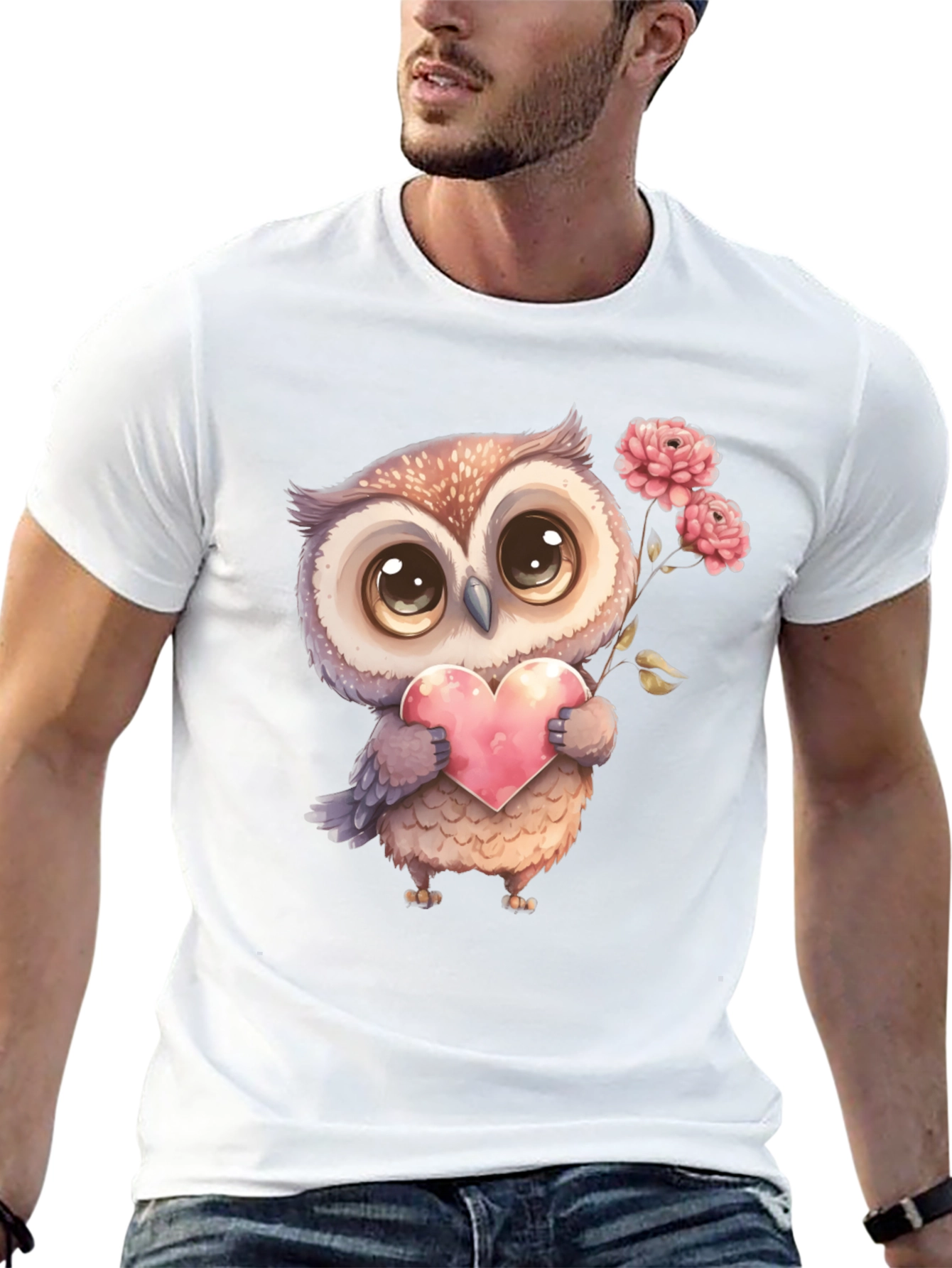 Cute Owl with Heart Graphic Tee - Black