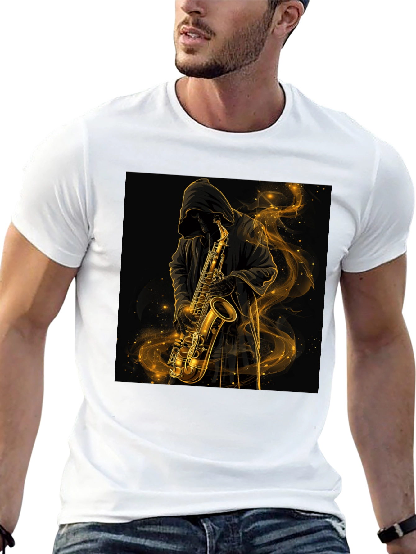 Saxophone Player Graphic Tee - Black Cotton T-Shirt