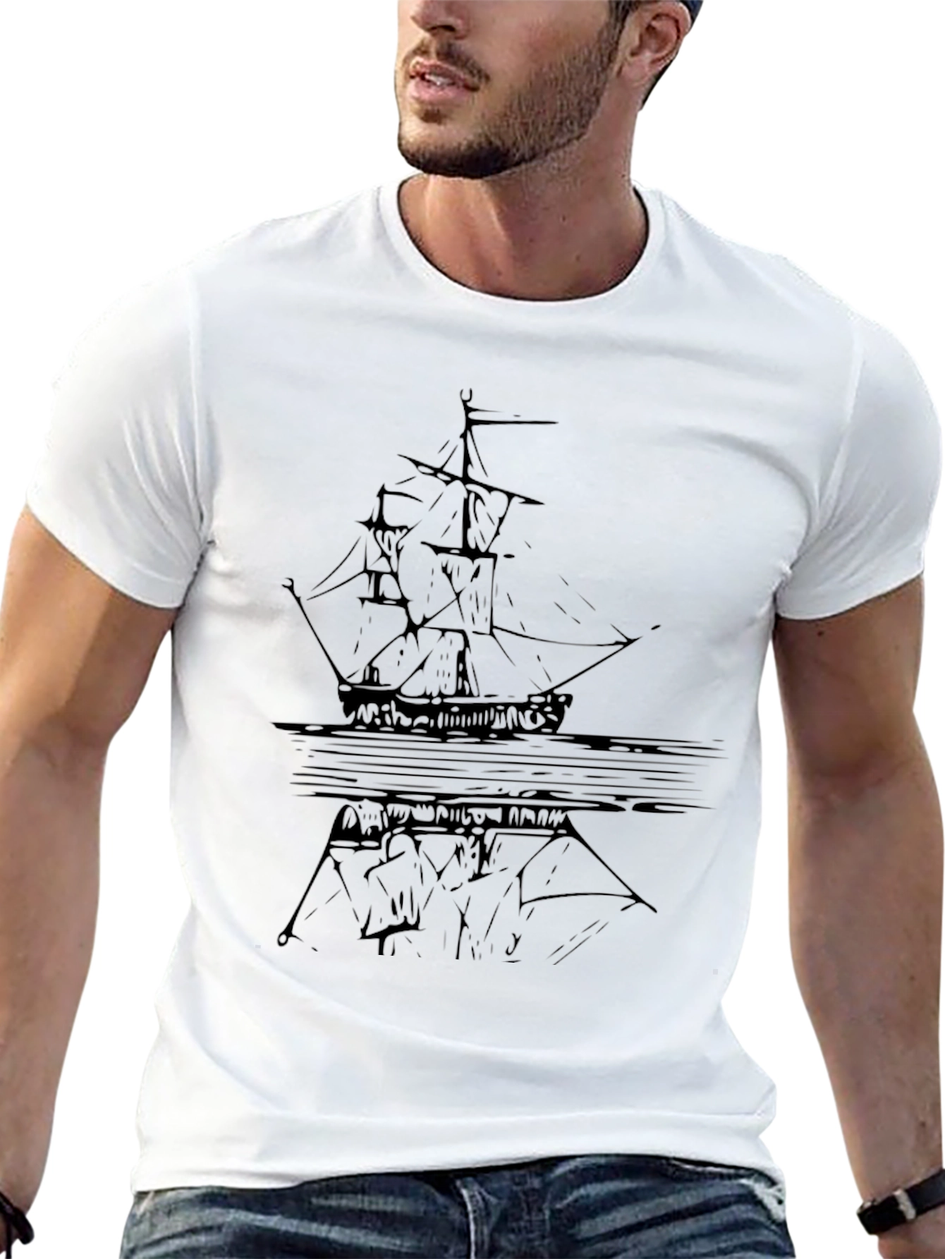 Black Graphic Tee - Ship Reflection