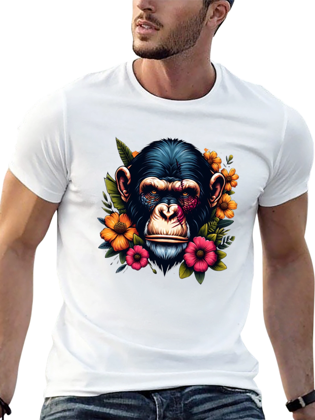 Chimpanzee Floral Print Black T-Shirt