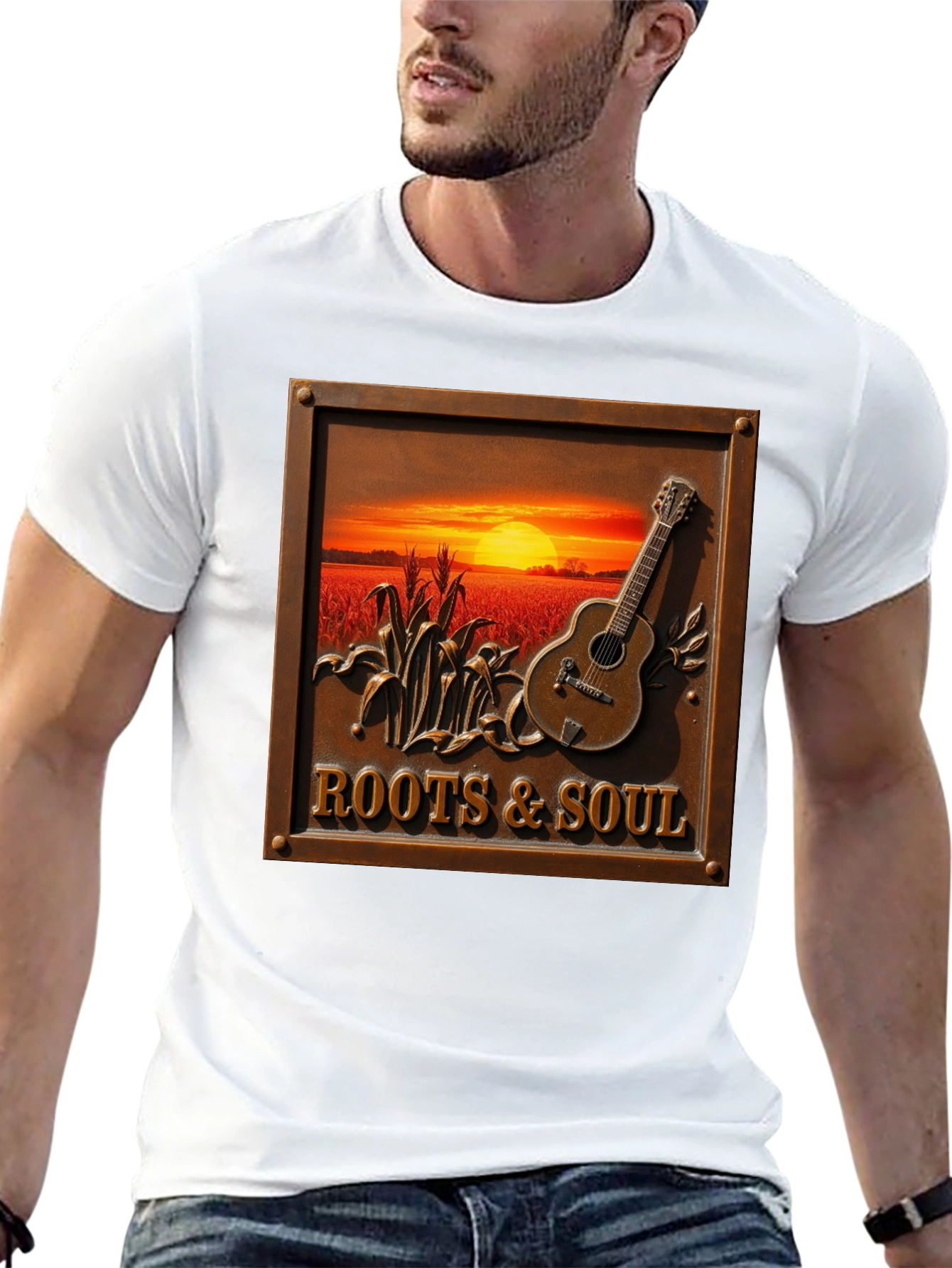 Roots & Soul Graphic Tee - Sunset Guitar Design