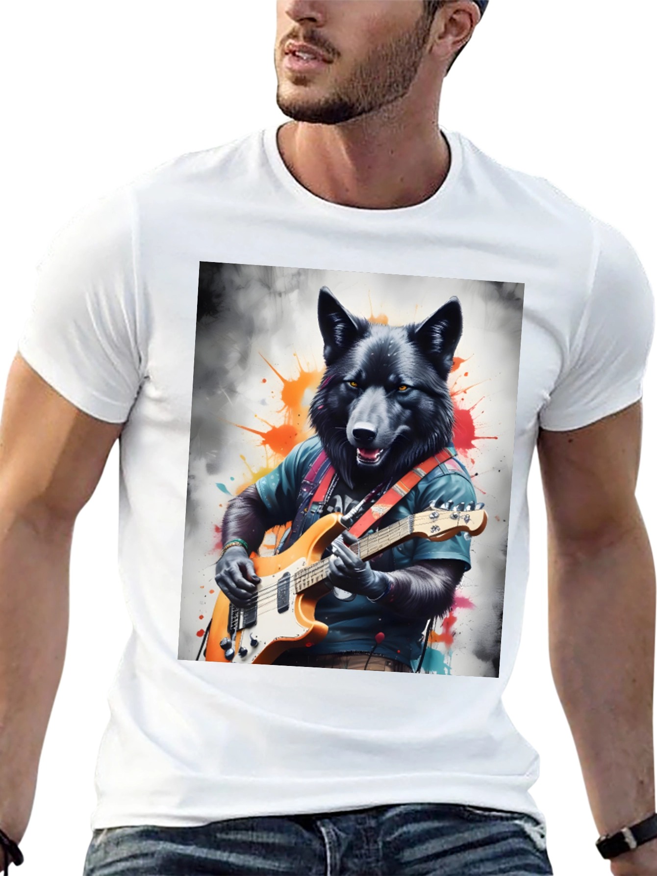 Wolf Guitarist Graphic Tee - Black Unisex T-Shirt