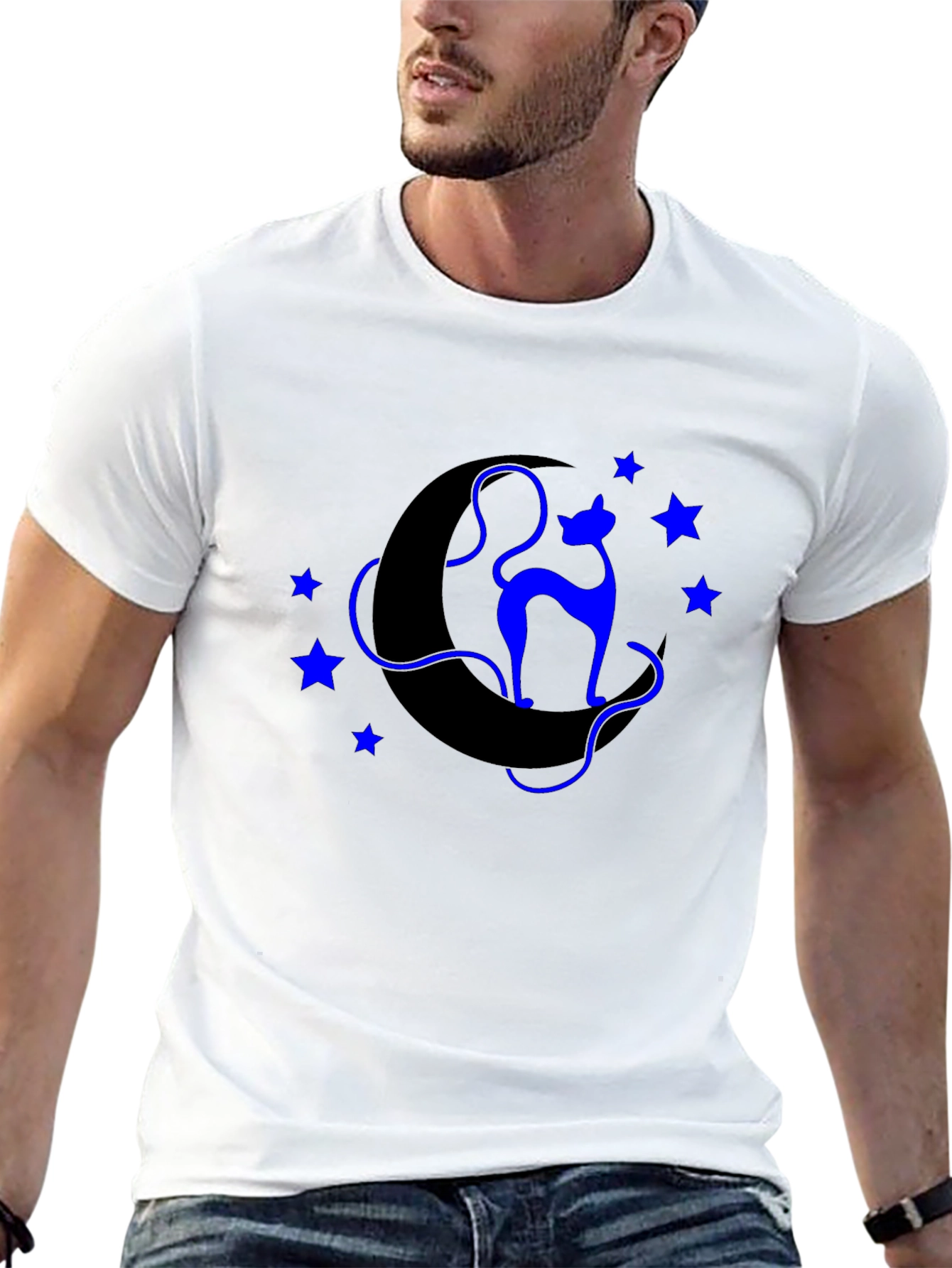 Celestial Cat T-Shirt - Crescent Moon & Star Design