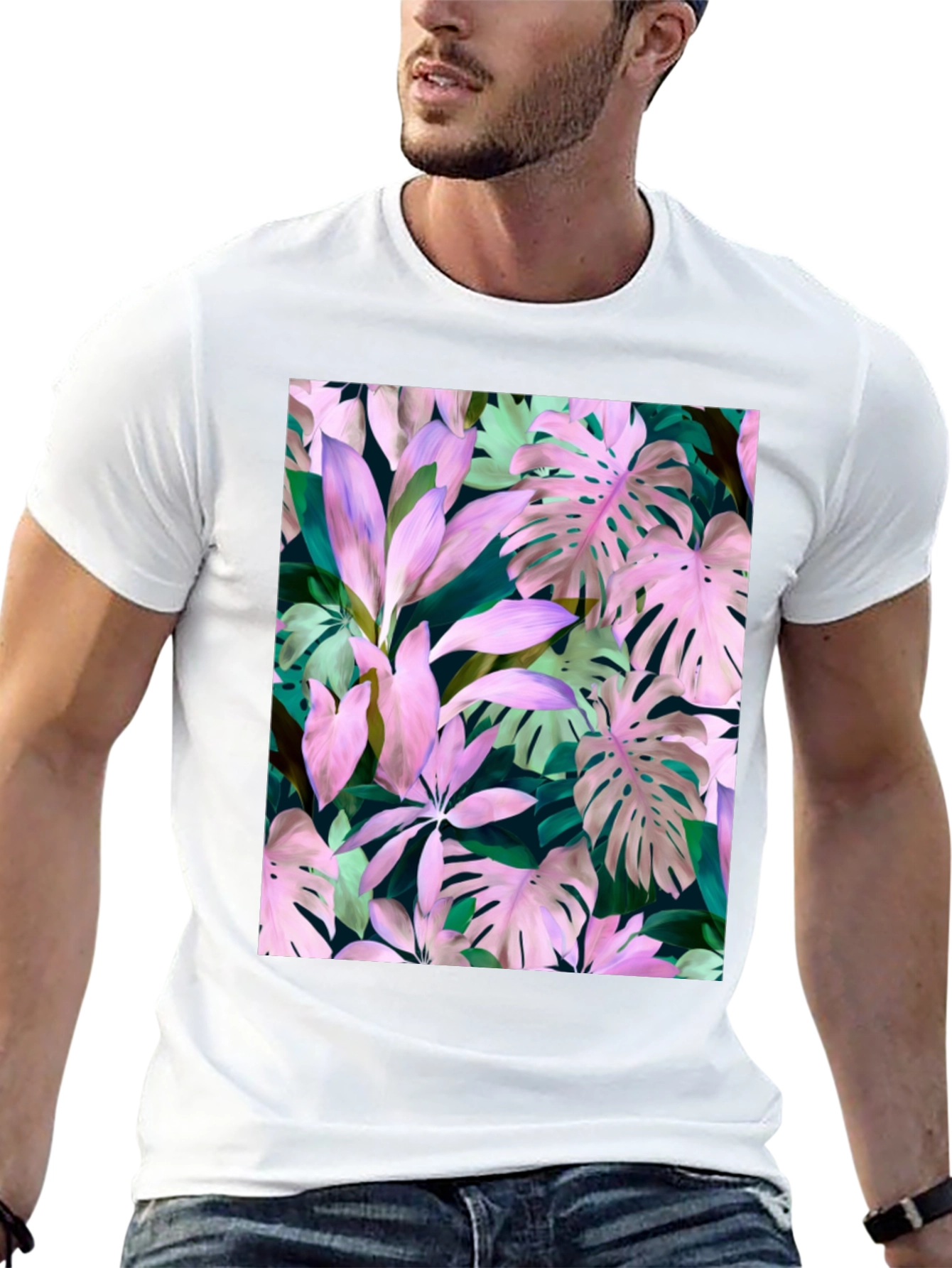 Tropical Leaf Print T-Shirt - Black