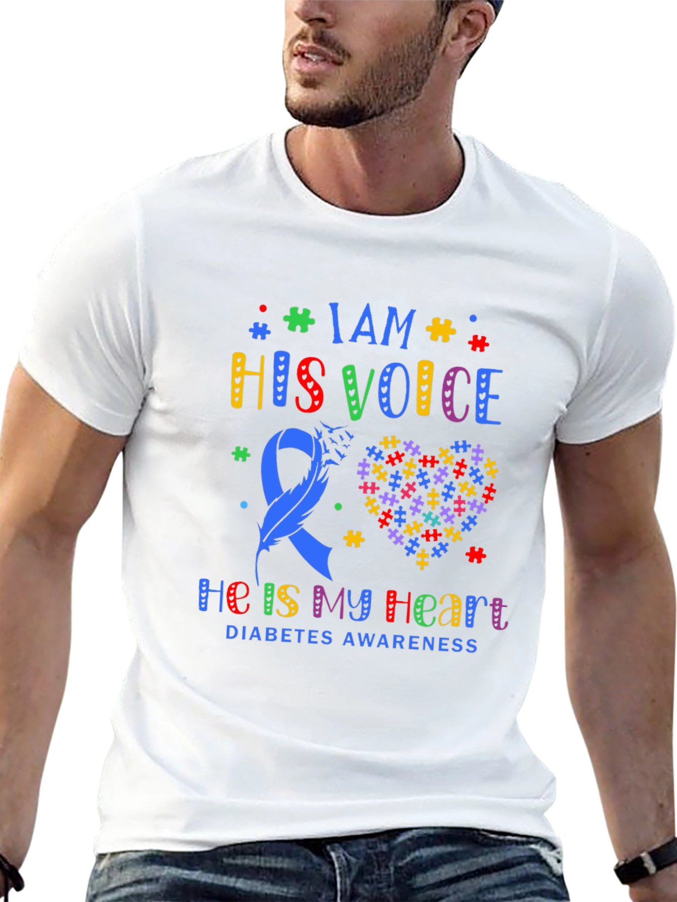 Diabetes Awareness T-Shirt - Puzzle Heart & Ribbon