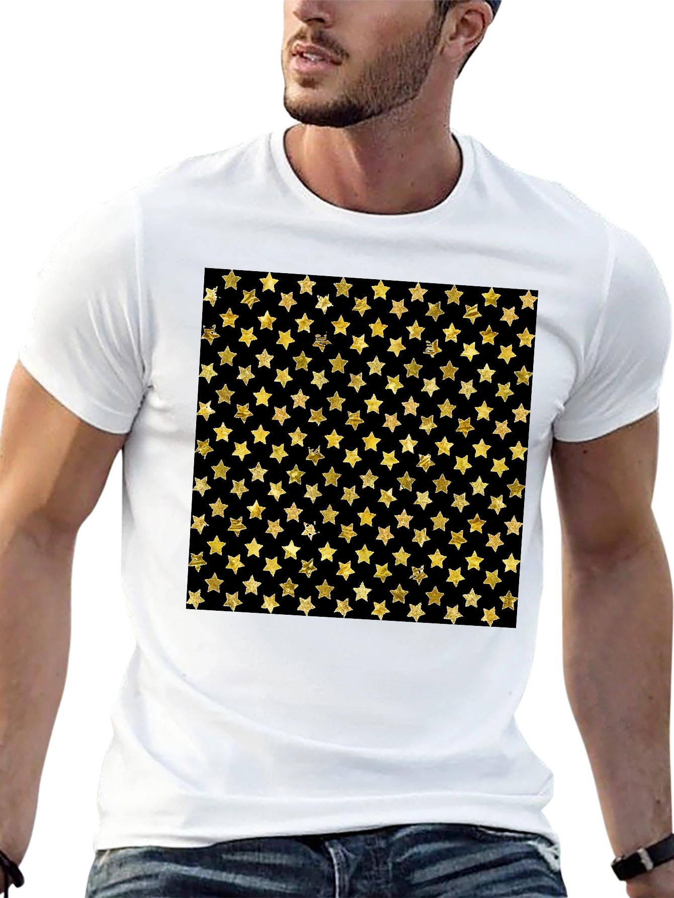 Gold Star Pattern Black T-Shirt