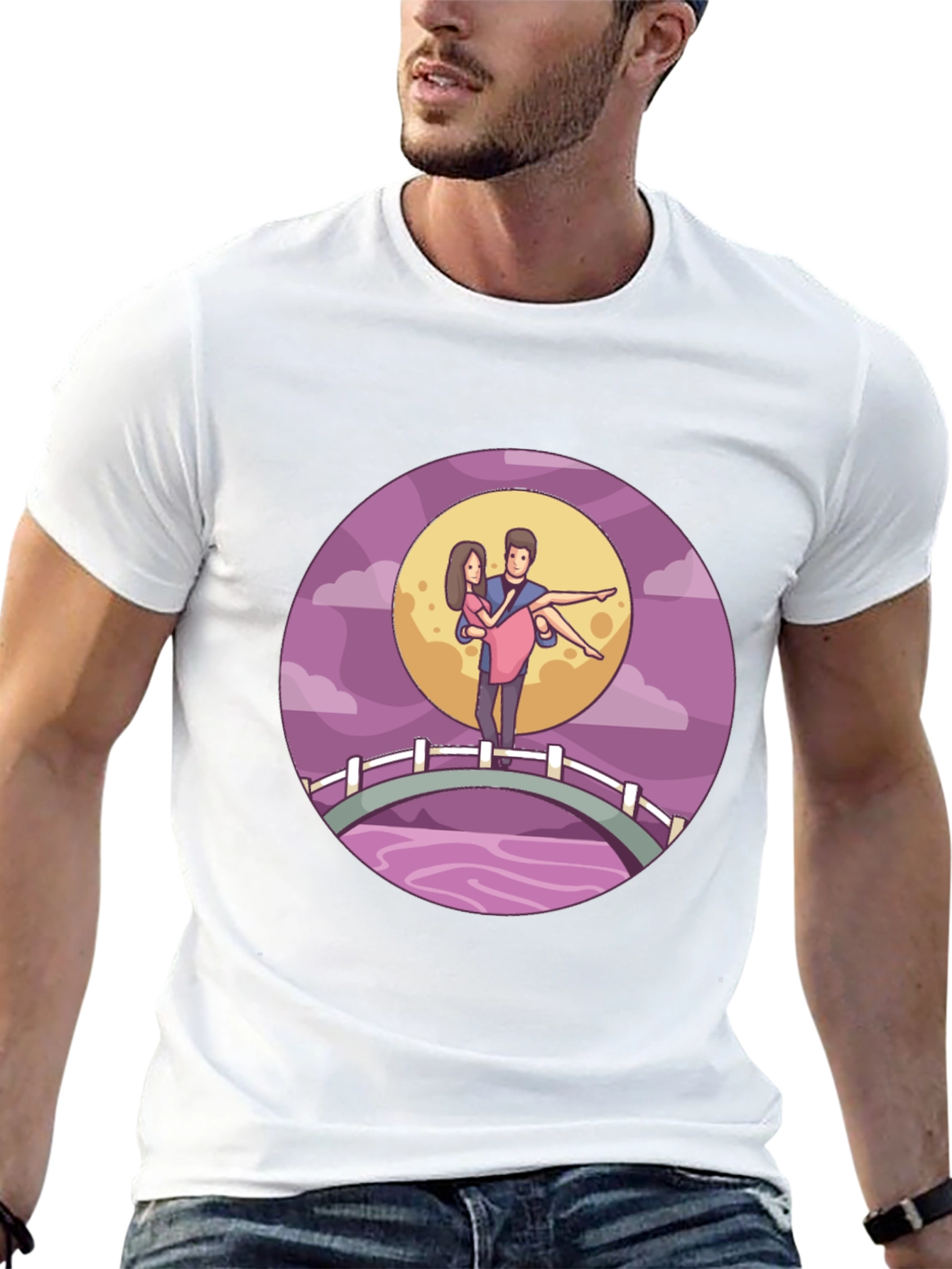 Romantic Couple Moonlit Bridge Black Tee