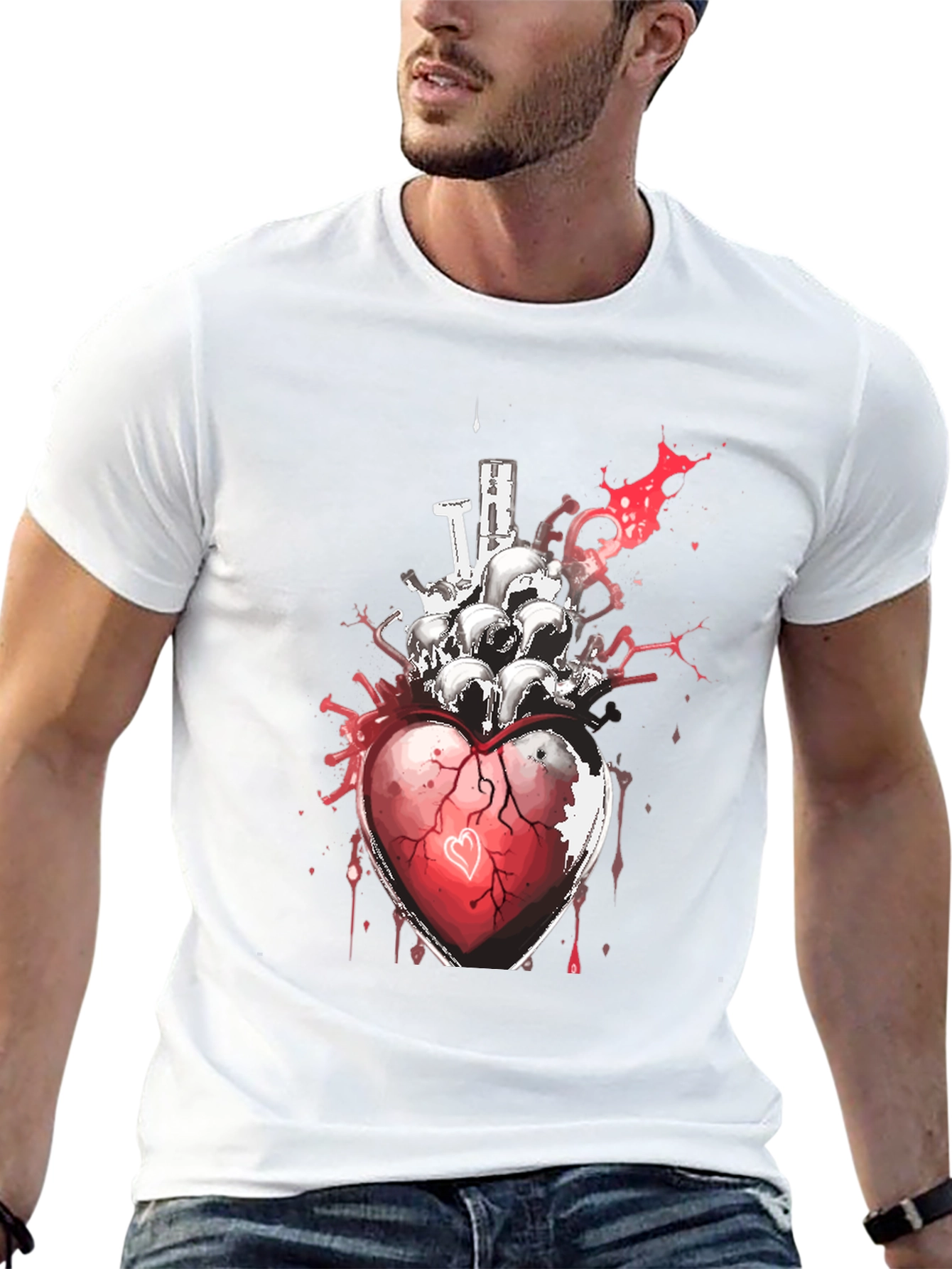 Heart & Skulls Graphic Tee - Edgy Style