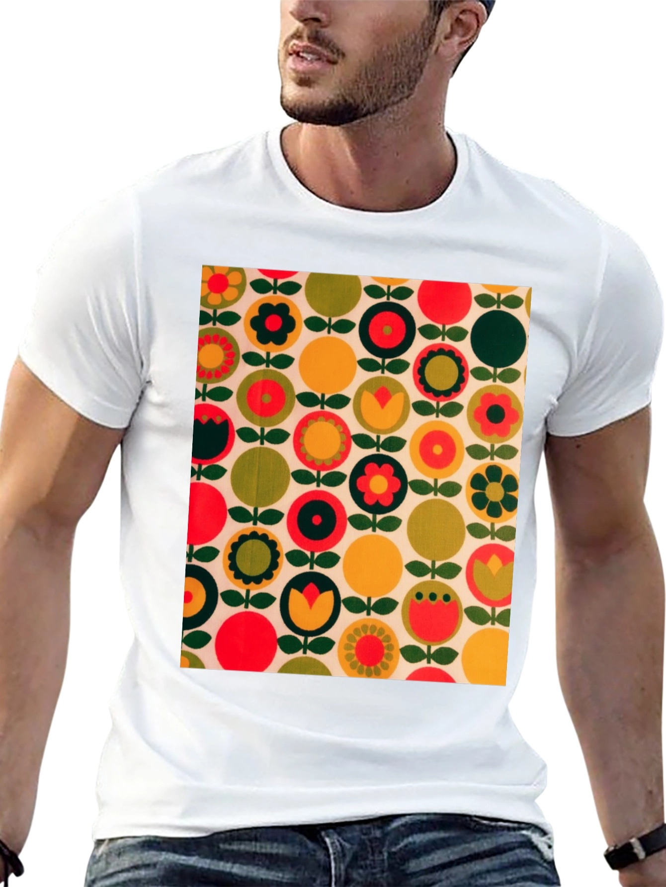 Retro Floral Pattern T-Shirt - Bold 70s Style
