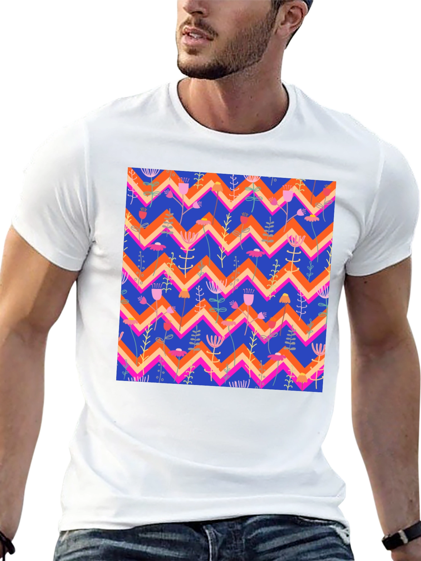 Floral Chevron Pattern Black T-Shirt