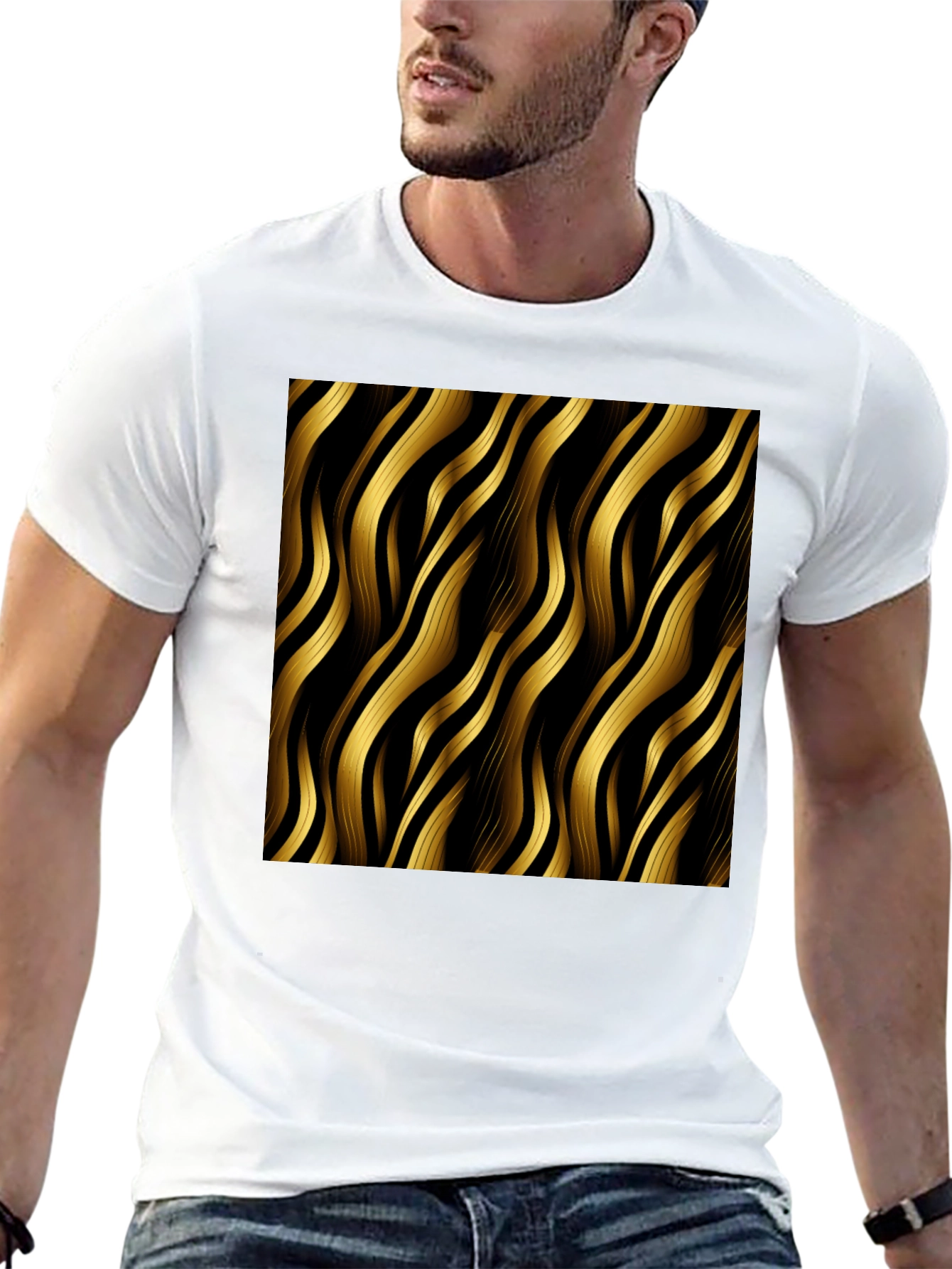 Stylish Black T-Shirt with Gold Wavy Pattern