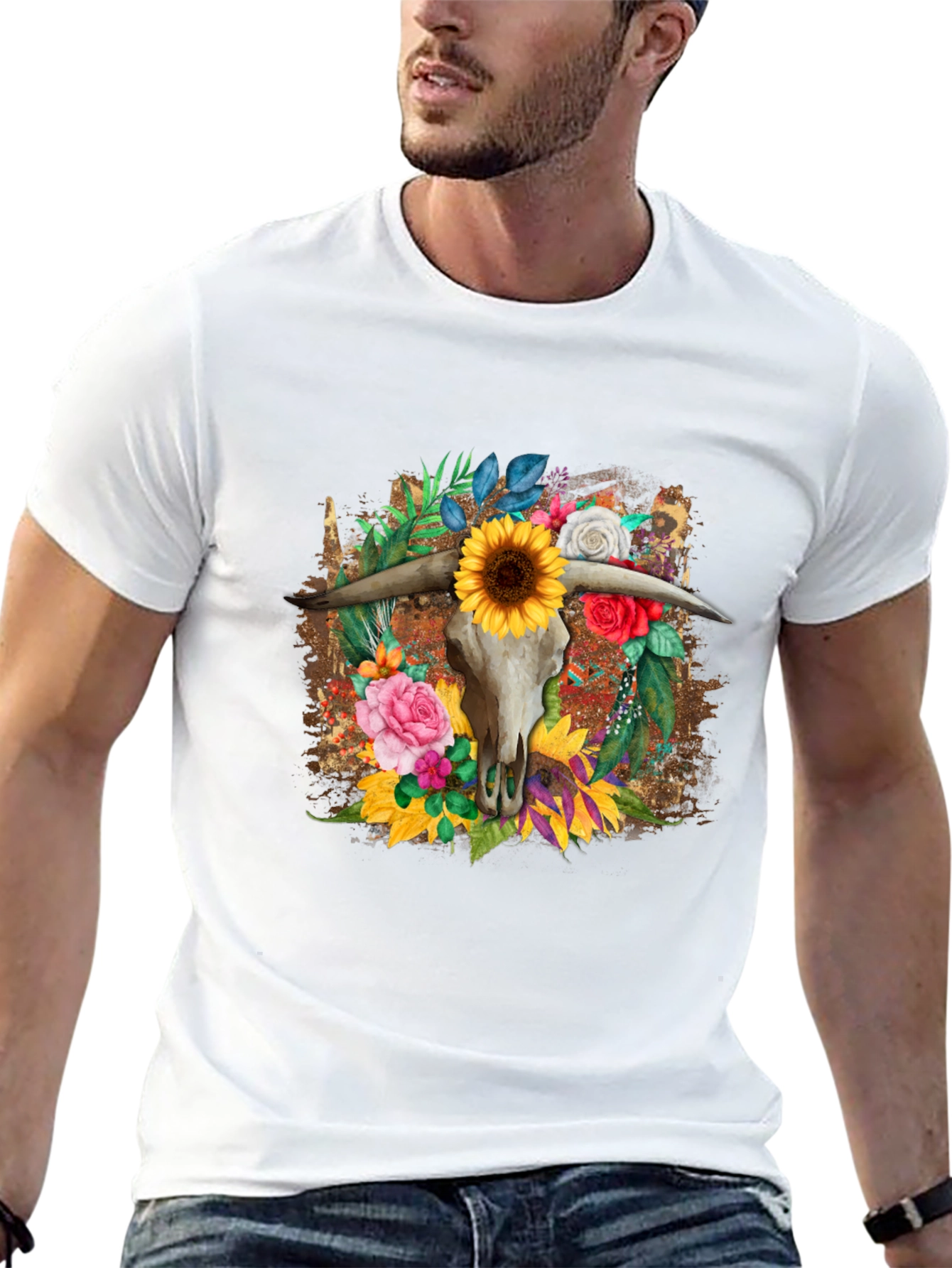 Floral Steer Skull Graphic Tee