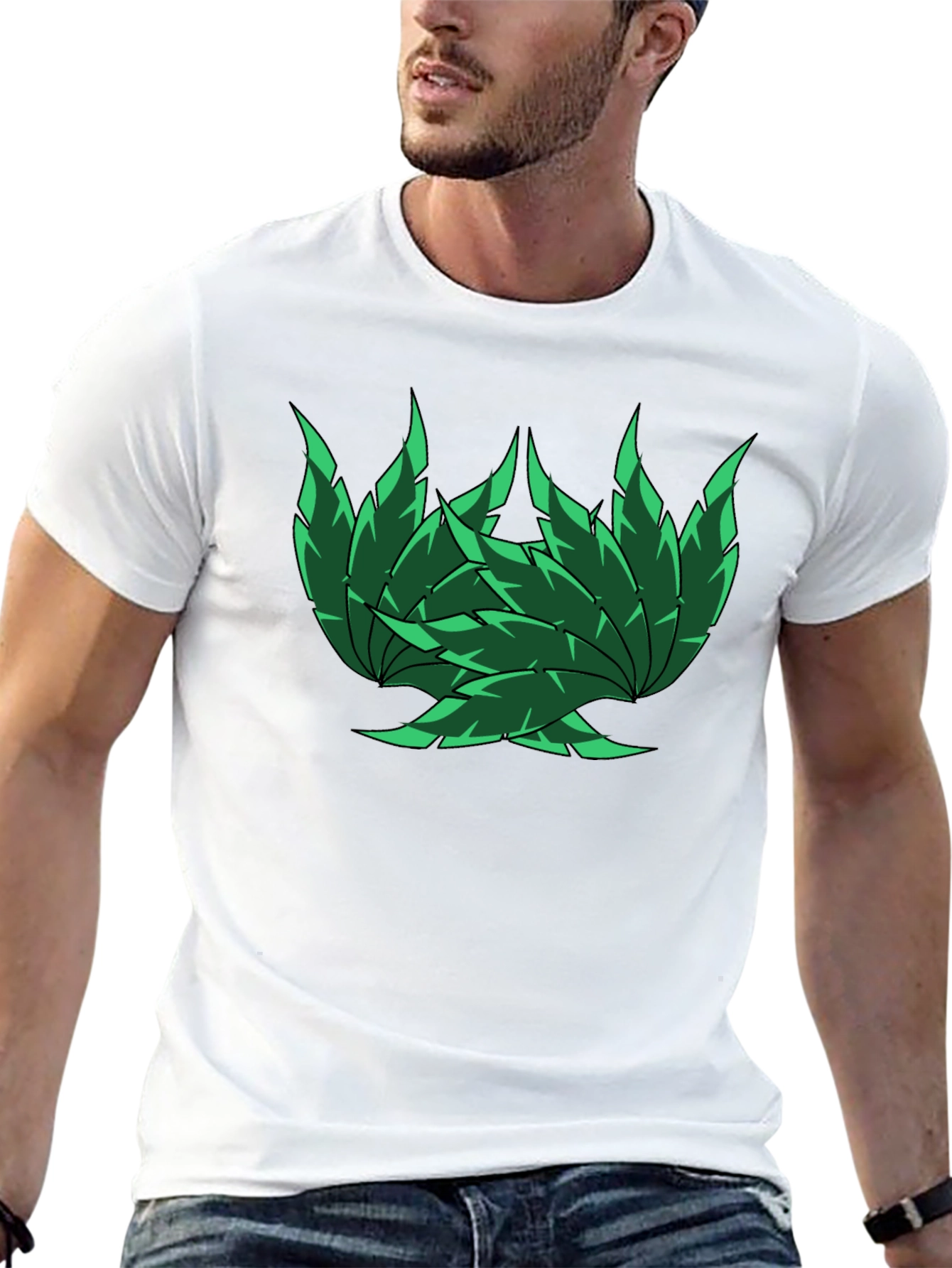 Green Leaf Design Black T-Shirt