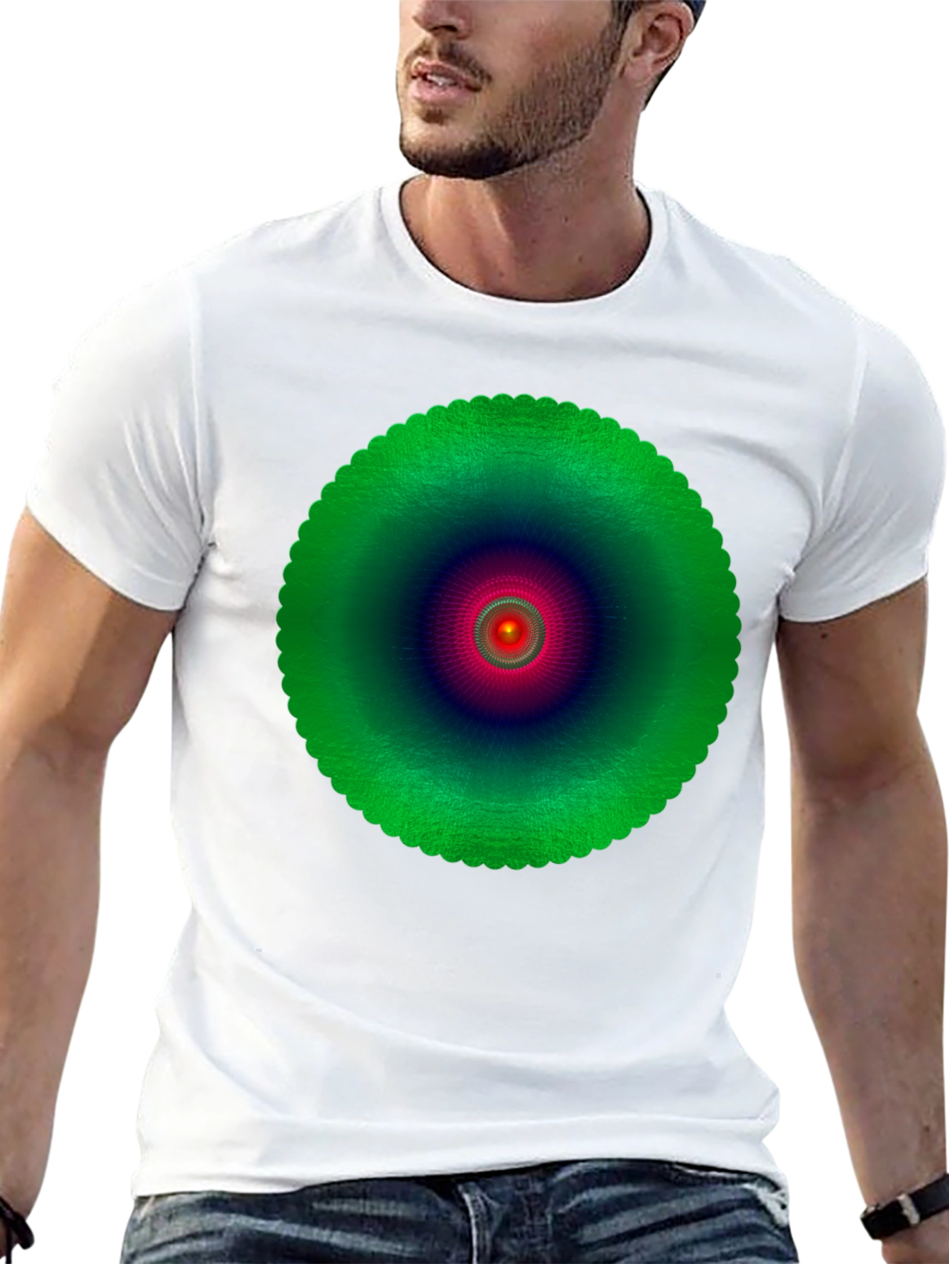 Abstract Green Mandala Graphic Black T-Shirt