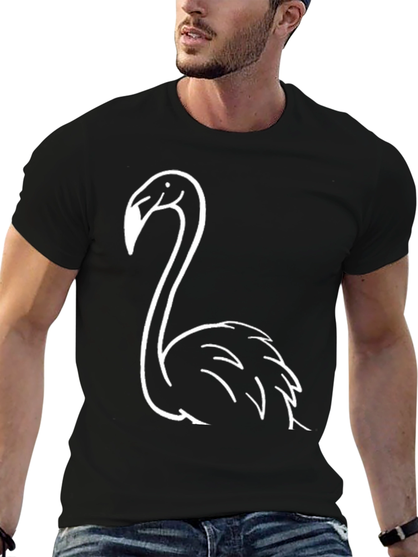 Black T-Shirt with White Flamingo Graphic