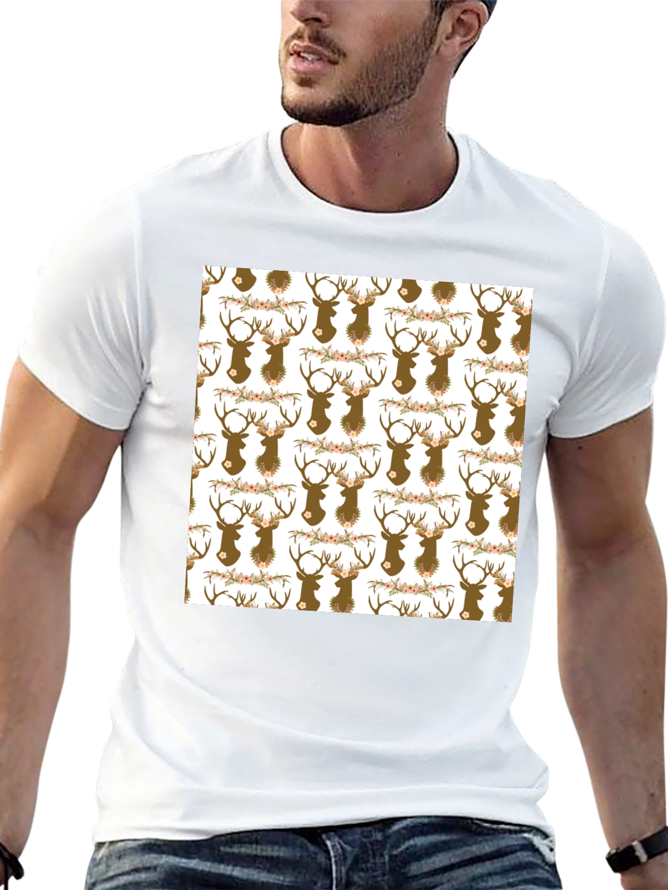 Deer Head Floral Pattern Black T-Shirt