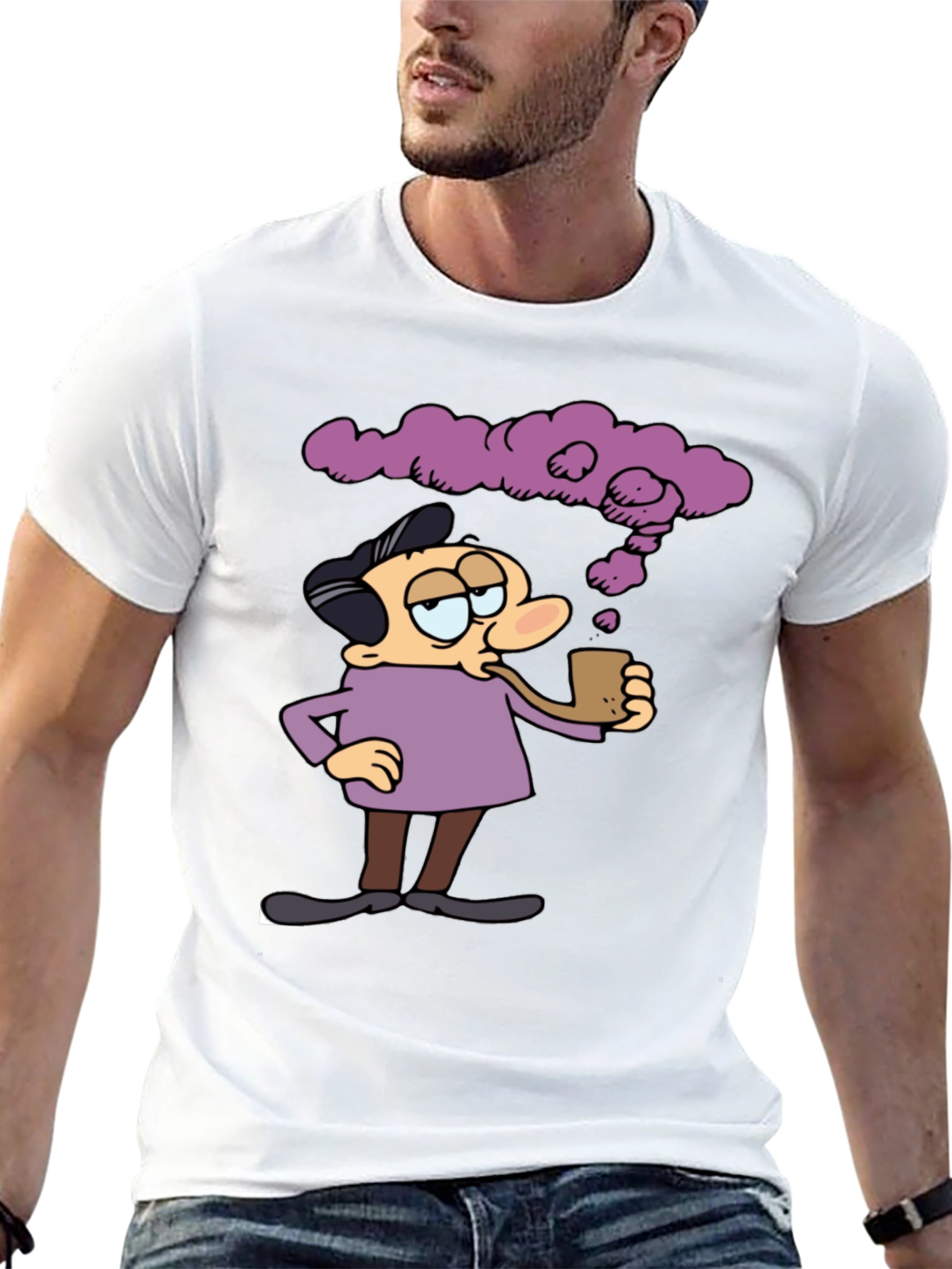Cartoon Man Smoking Pipe Graphic T-Shirt