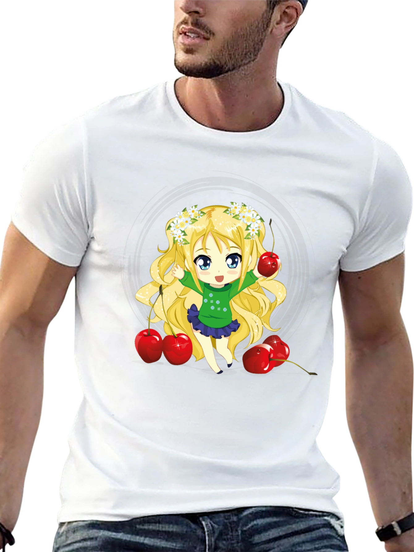 Anime Girl & Cherries Black T-Shirt