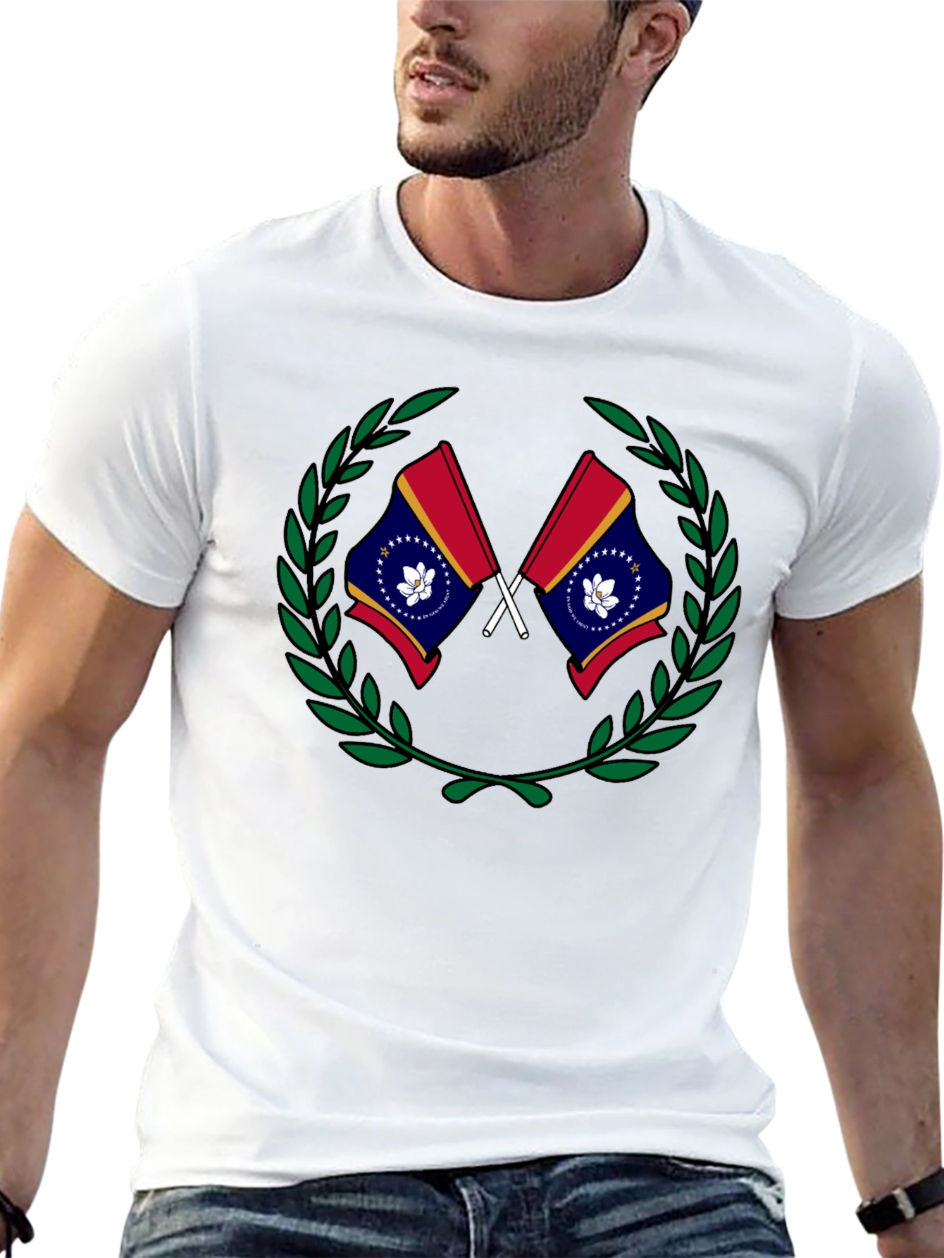 Mississippi Flag Laurel Wreath Black T-Shirt