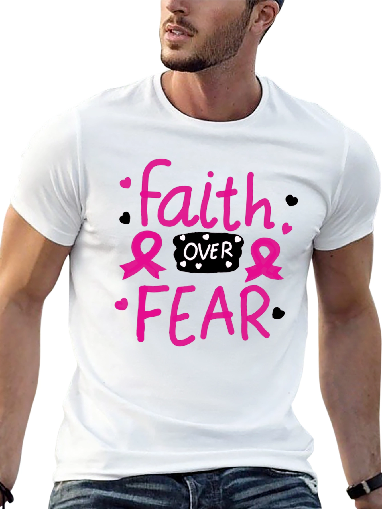 Faith Over Fear T-Shirt Breast Cancer Awareness Pink Ribbon