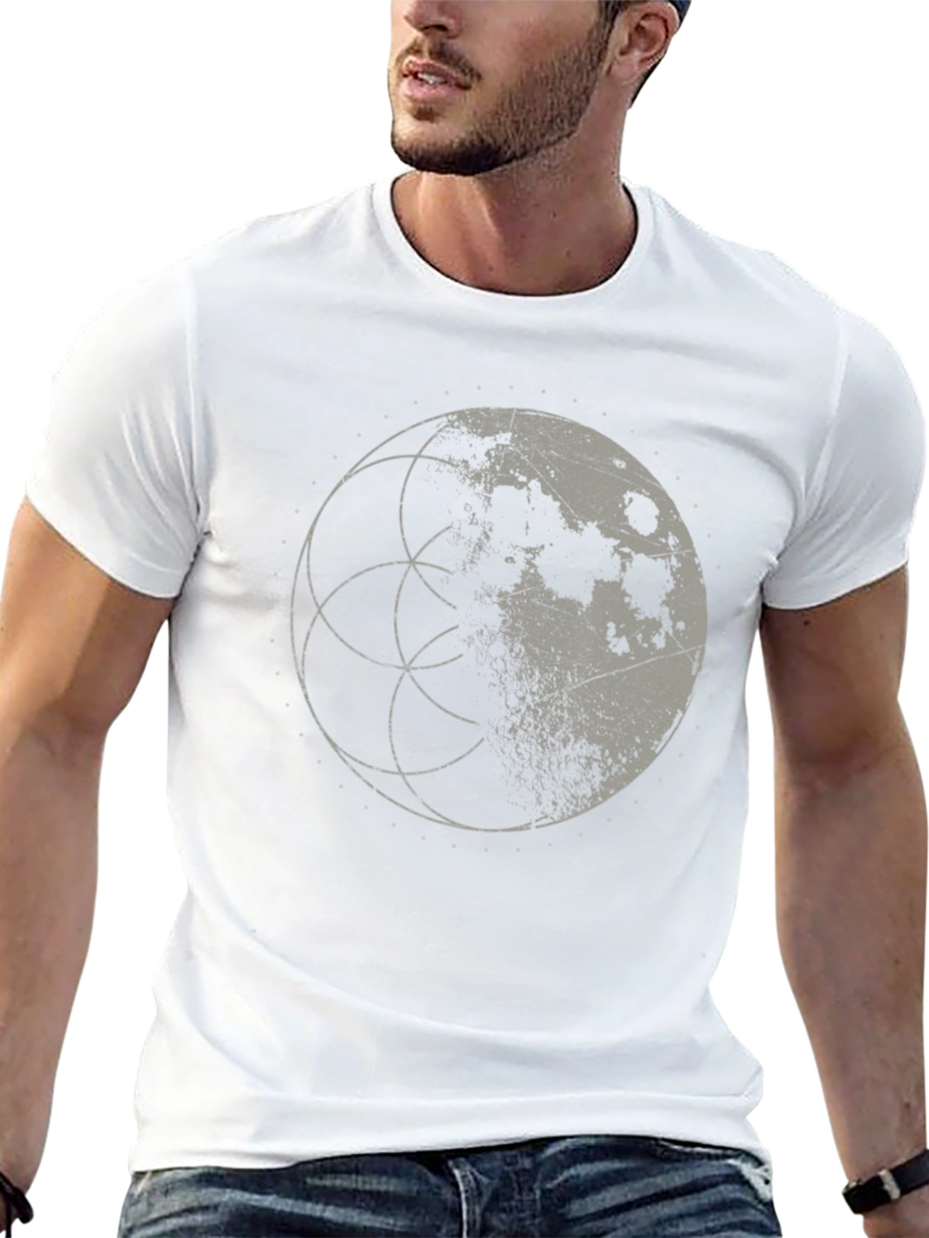 Lunar Geometry Graphic Tee - Black Cotton Shirt