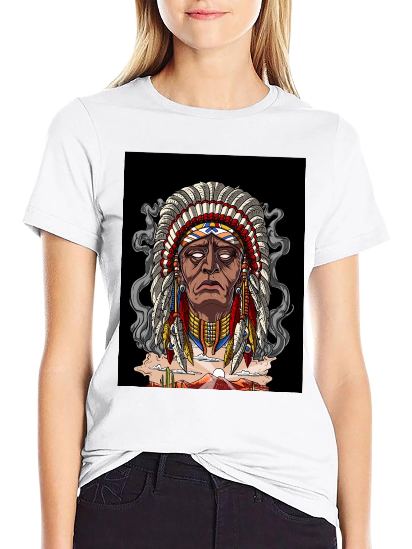 Native American Chief Graphic Print Black T-Shirt
