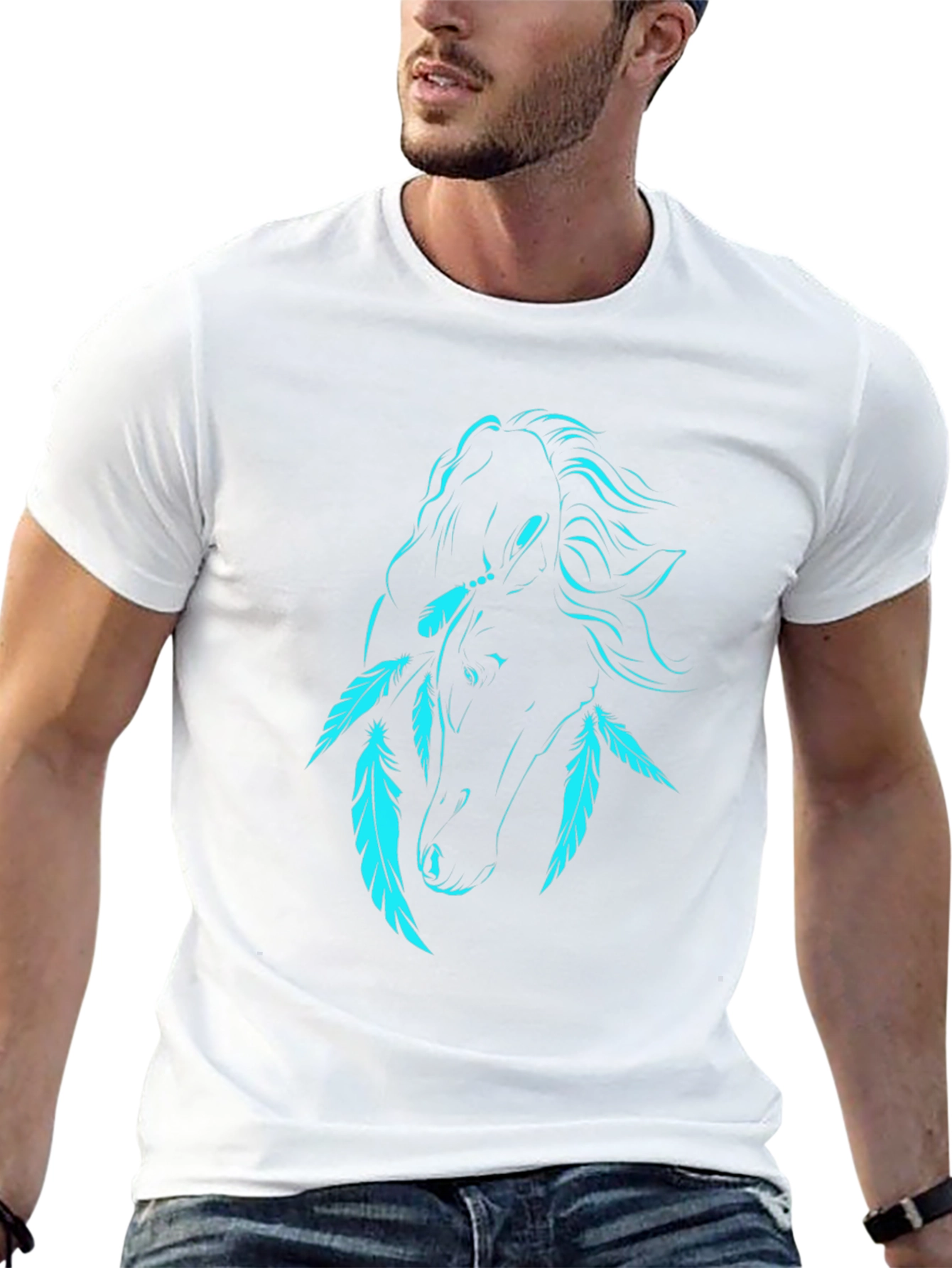 Black T-Shirt with Turquoise Horse and Feathers Graphic